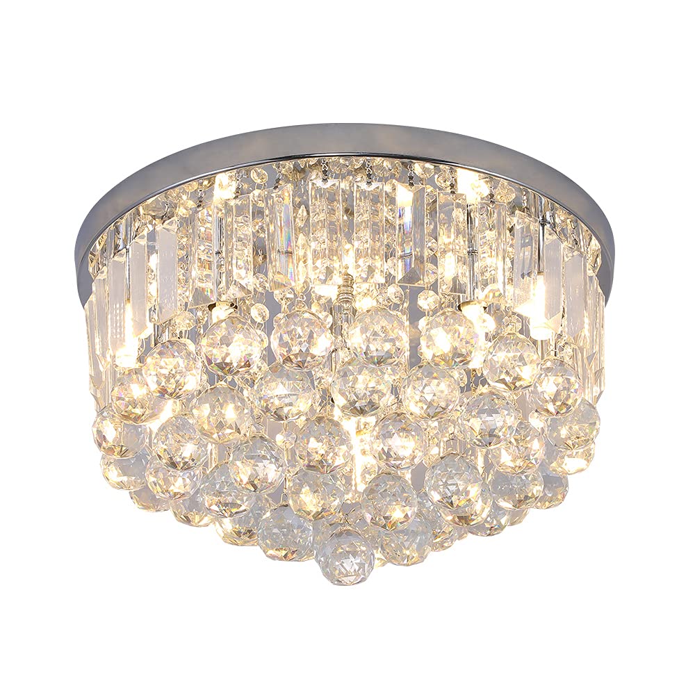 Gopmmy Modern K9 Crystal Raindrop Chandelier, Chrome Flush Mount Pendant Light 16In