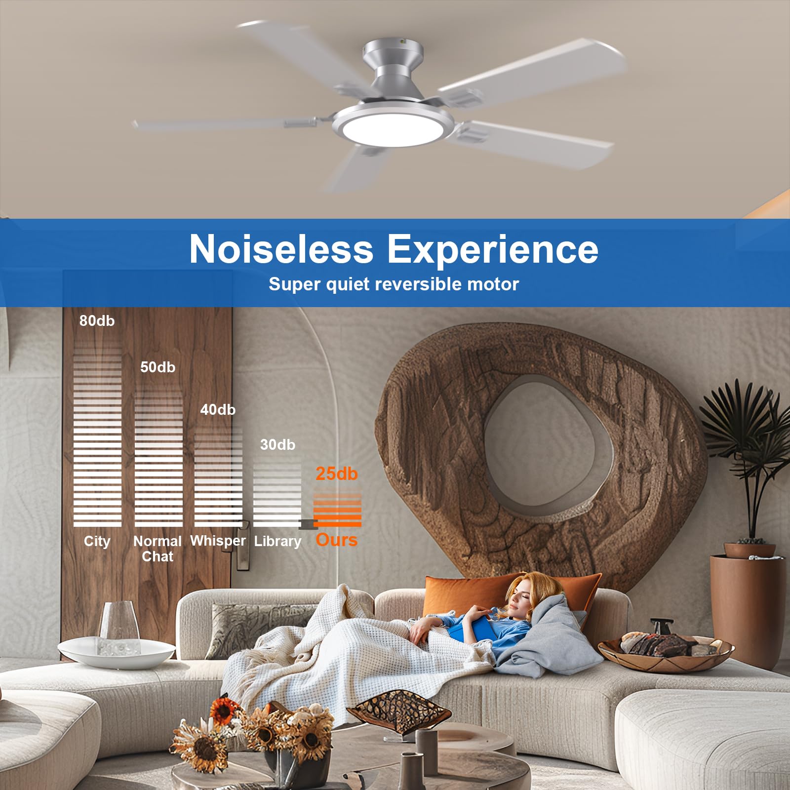 TCL 52 Inch Ceiling Fan with Lights, Remote Control, DC Motor, Low Profile, Silver, Model HFSB-60000AD