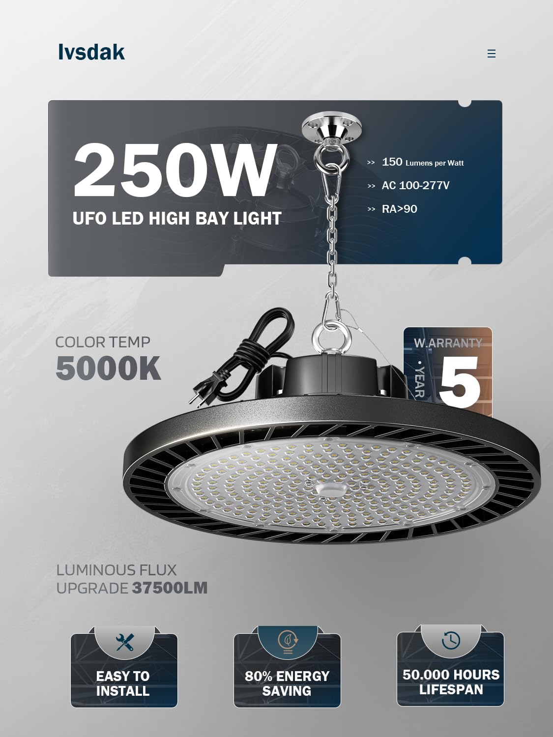 lvsdak UFO LED High Bay Lights 250W, 37500lm, 5000K Daylight, Aluminum, Model LV-LHB5-X250, 6 Pack for Warehouse and Factory