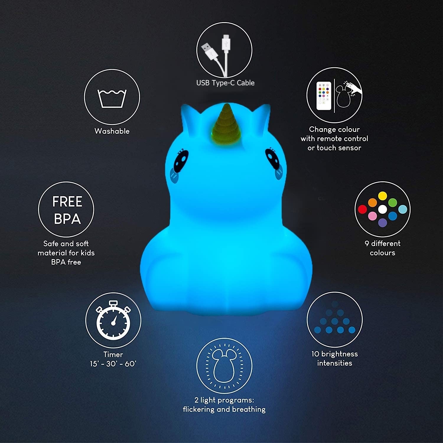 Glinrui Large Unicorn Night Lights For Kids, 9 Colors Silicone Bedside Table Lamps Baby Bedroom Lighting Nursery Children Tap Lamp For Toddlers Boys Girls Adults Student Elder Bathroom Outdoor - Large