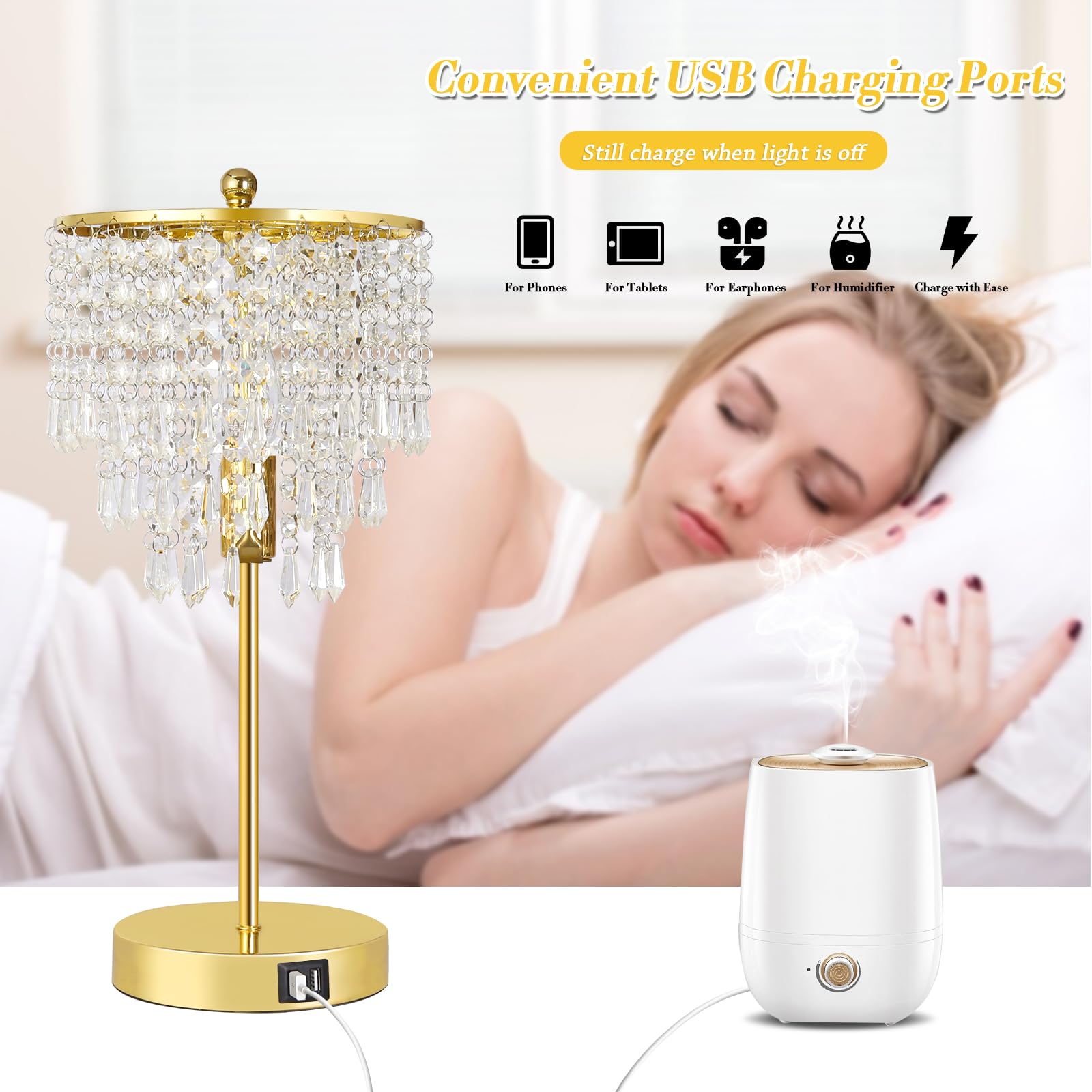 Seaside Village Touch Control Crystal Table Lamp, 3-Way Dimmable Gold, Dual USB Ports, 6W LED Bulb Included, Model 13047
