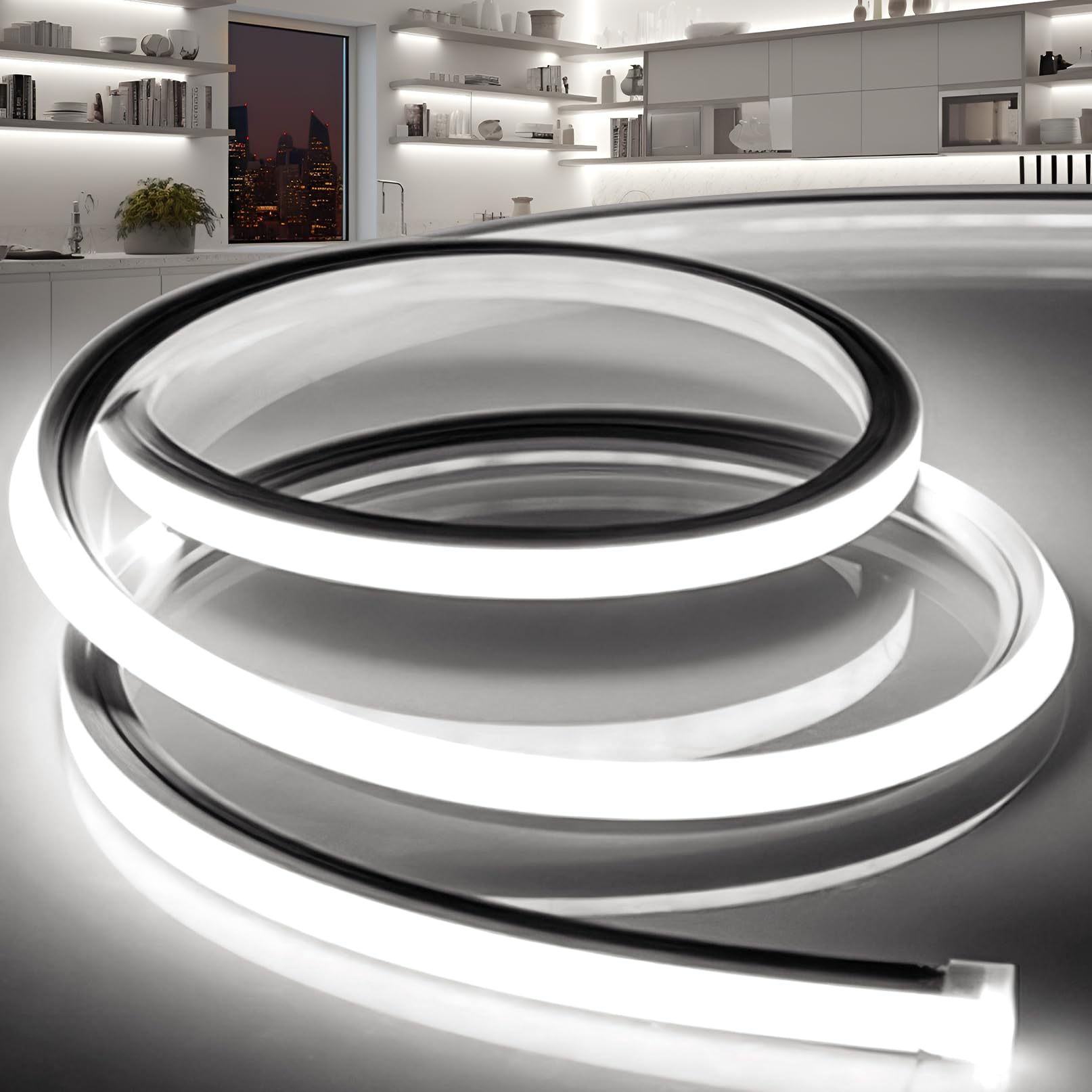 VOEWT LED Band Lights Daylight White 6000K 16.4ft 110-120V Neon Rope Lights Flexible Silicone Outdoor Waterproof Neon Band Lights for Bedroom Mirror Kitchen Cabinet  Living Room Halloween Decor