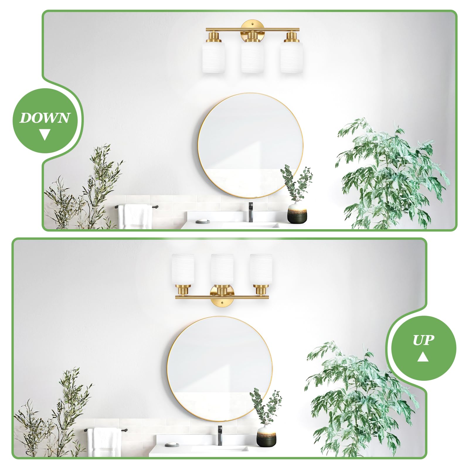 Guliaofo 3-Light Vanity Light Fixture, Brushed Gold with Milky White Frosted Glass Shade, Model Gu-111-LWNBJ-3