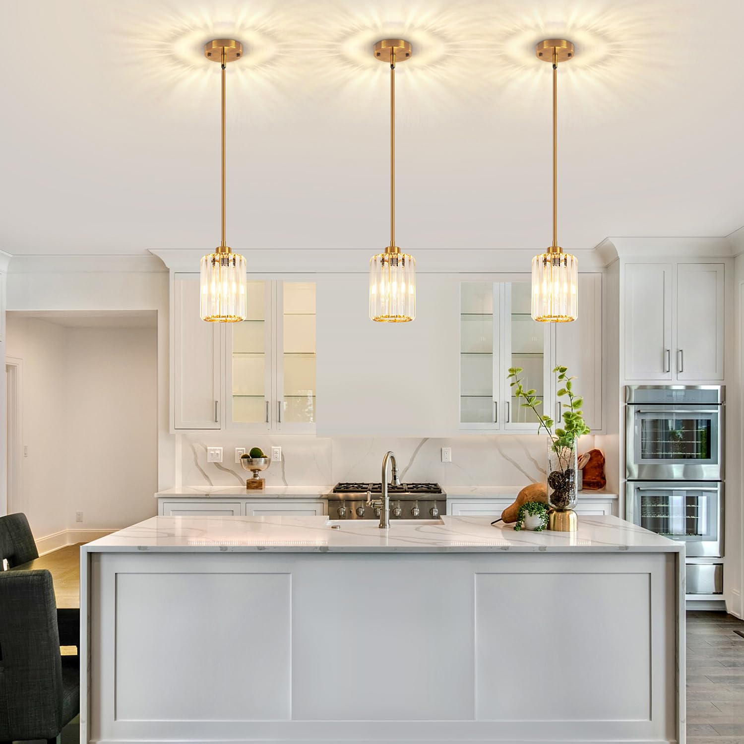 Zsmihdoh 2 Pack Pendant Lights Kitchen Island  Modern Gold Crystal Pendant Lighting  Kitchen Hanging Light Fixtures Mini Chandelier Pendant Lighting For Island Dining Room Hallway