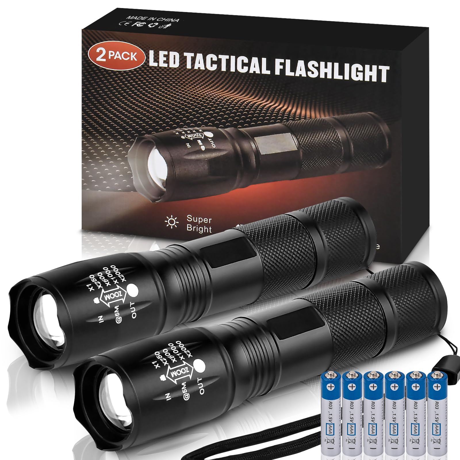 Zoomable LED Flashlights with 5 Modes: Valentines Day Birthday Gifts for Men Him Dad 2Pcs Flashlights Batteries Included Bright Tactical Torch High Lumens Outdoor Fishing Hiking Camping Essentials