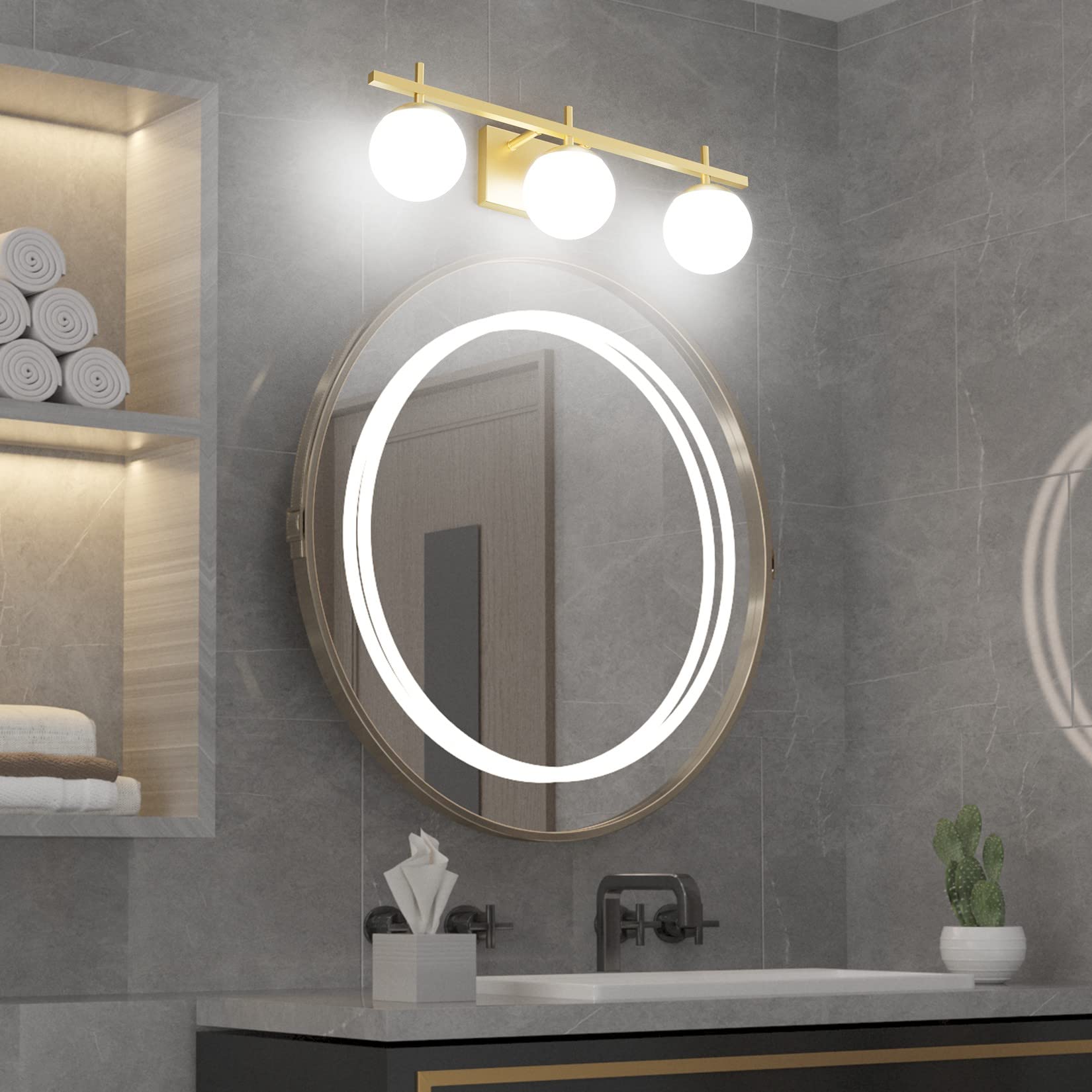 Ralbay Mid Century Modern Gold Bathroom Light Fixtures 3-Light Gold Milky Glass Modern Bathroom Vanity Lights Over Mirror, Gold