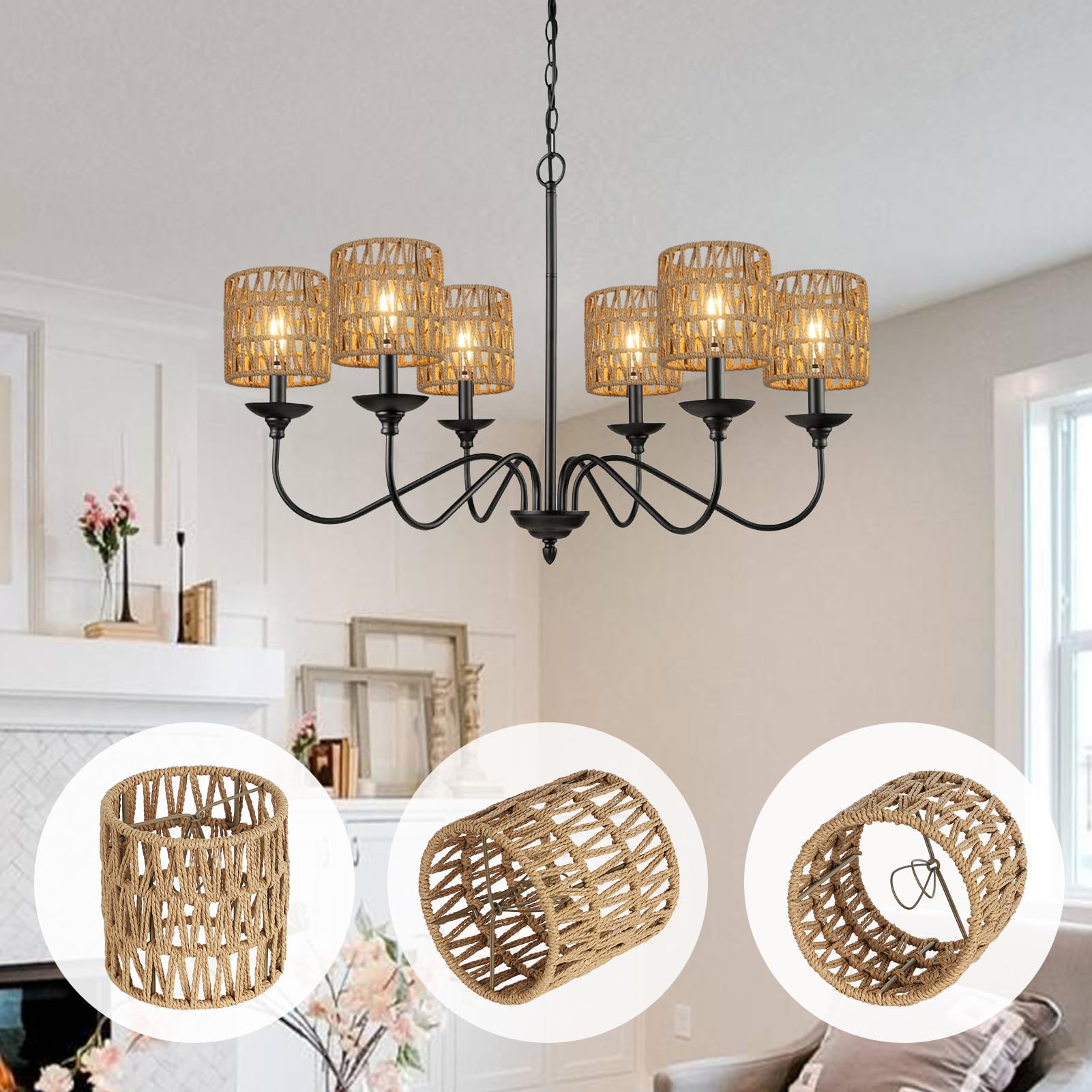Stepeak Rattan Clip-On Lamp Shades Set of 6, 5.1x5.1in, Natural Brown Mini Cylinder Woven Replacement for Floor, Pendant, Wall Sconces