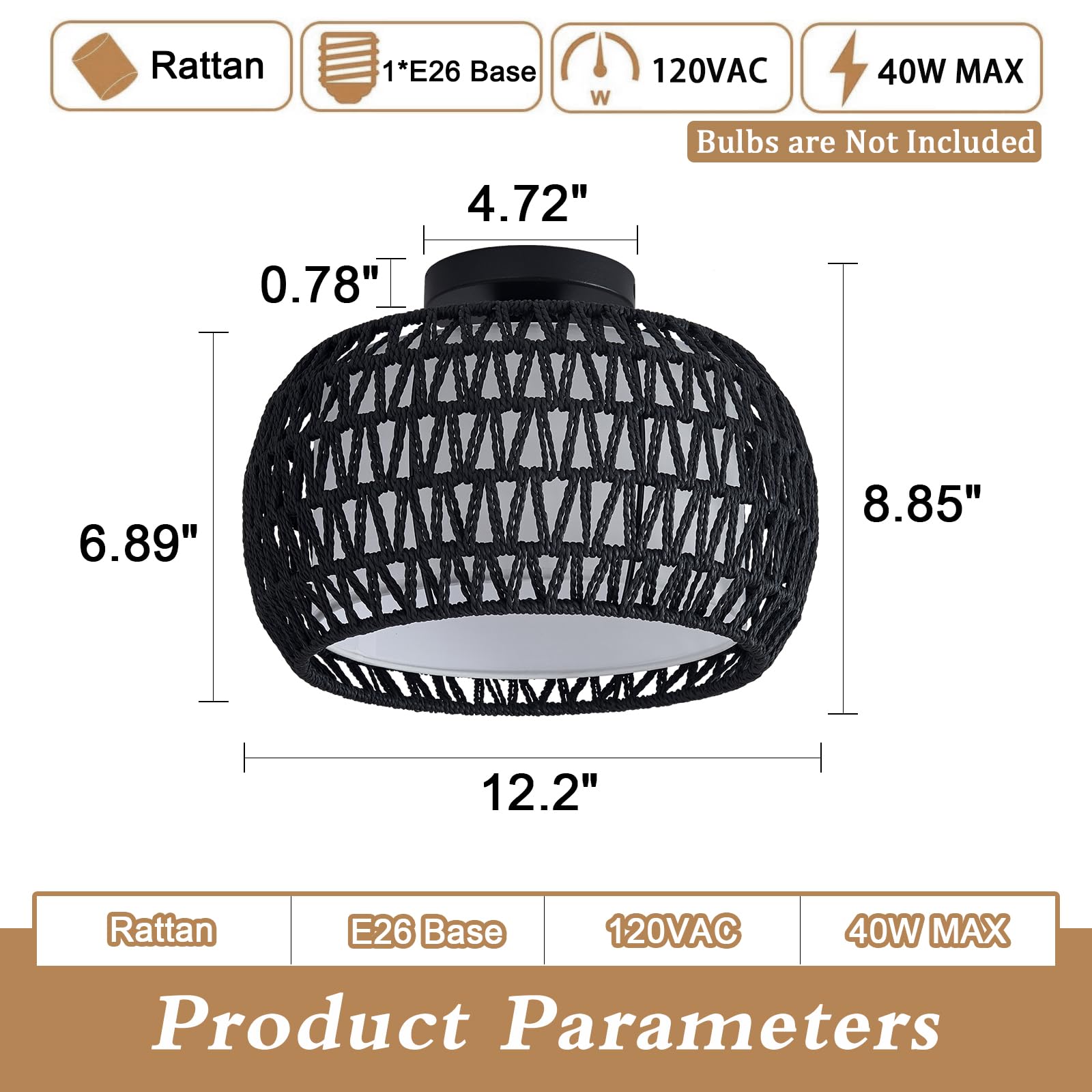 BUXVRCS Rattan Ceiling Light Fixture, Handmade Flush Mount with Fabric Shade, Medium Size, Black, Model MA-003B