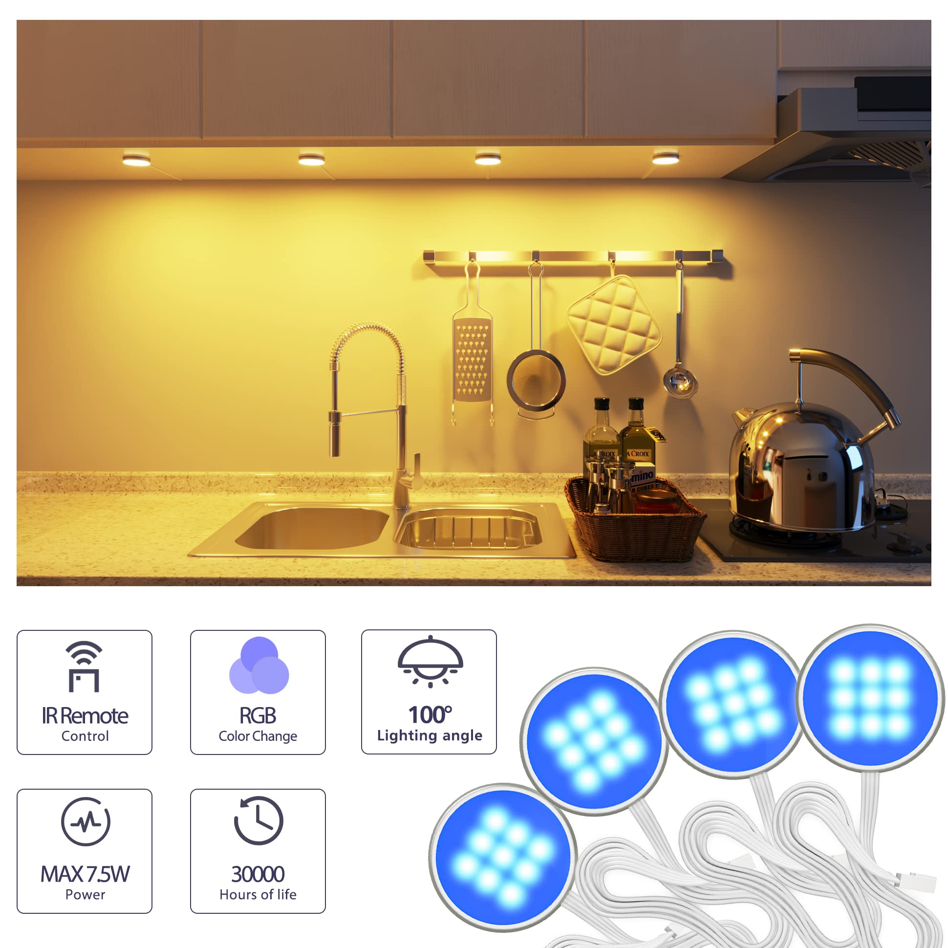 MYPLUS Under Cabinet RGB Puck Lighting Kit, 4 Remote Control Lights, 12V, Polycarbonate, Model MYPLUSCS102US01