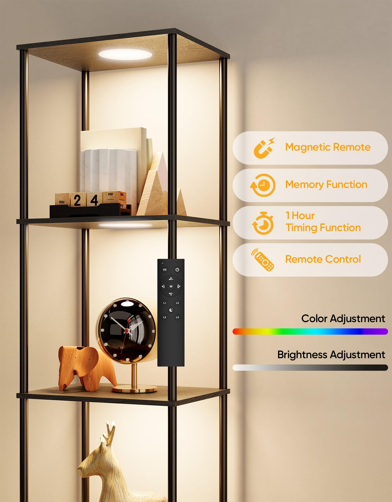PARTPHONER RGBW Light Display Shelf - Color Changing Etagere Tower Bookcase, 65.4"H x 15.7"W x 11.8"L, Black, Model P