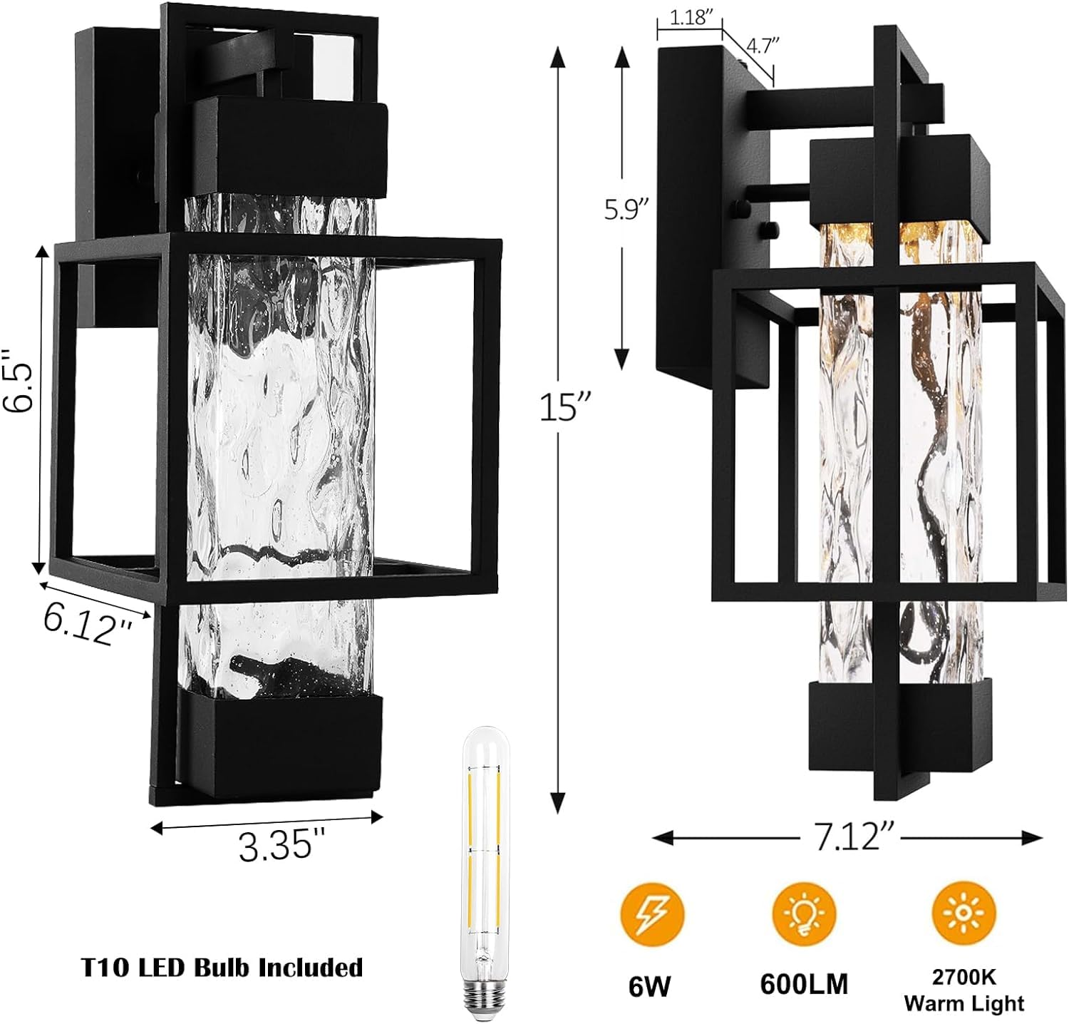PARTPHONER Outdoor Wall Sconce, 15in H, Dusk to Dawn, Waterproof, Black, Glass, Model LED0968, Bulb Included