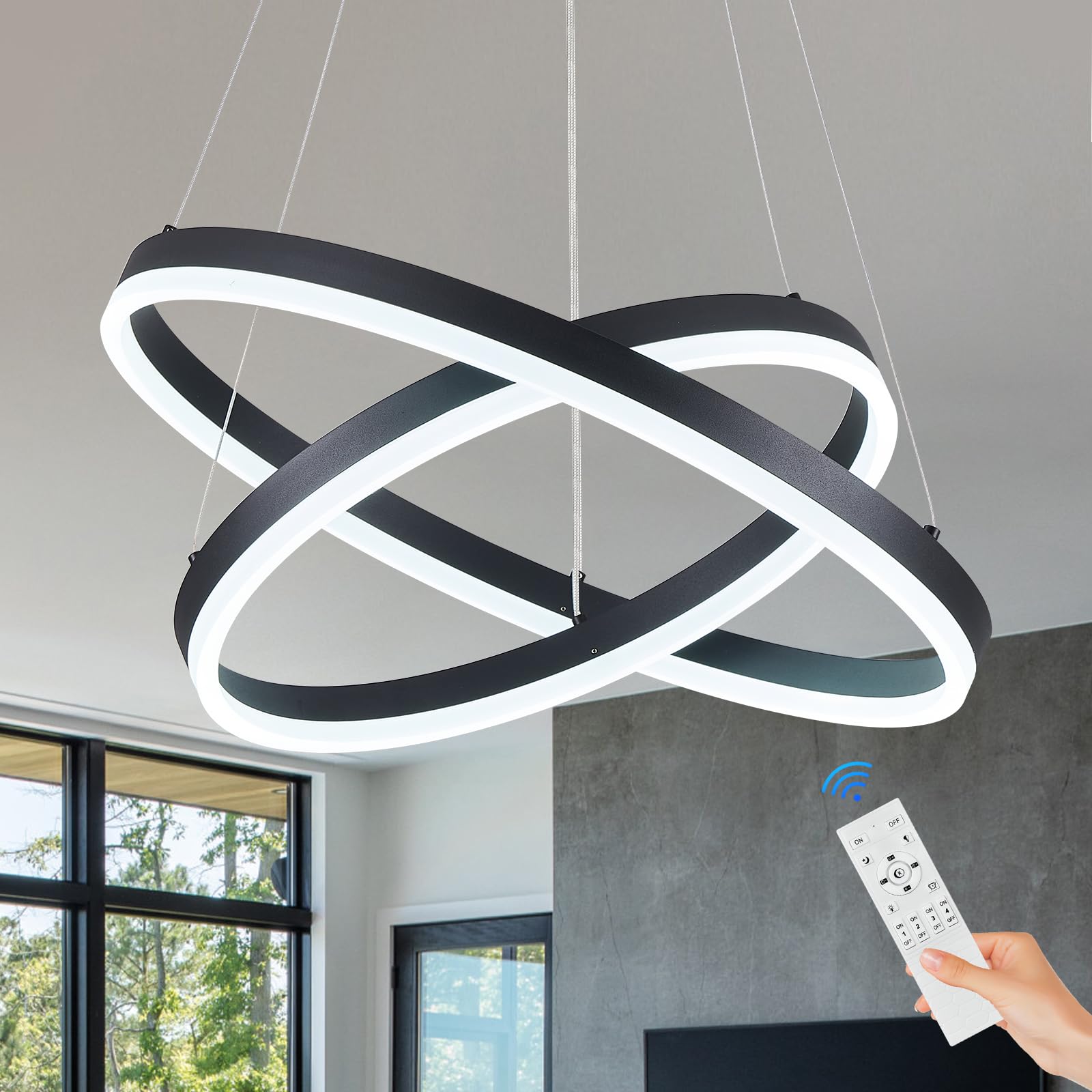 Sparklelf Modern LED Chandelier Pendant Light, Black, 2 Rings, Remote Control, Circular Flush Mount, 3000K-6500K for Living Room, Bedroom, Dining Room