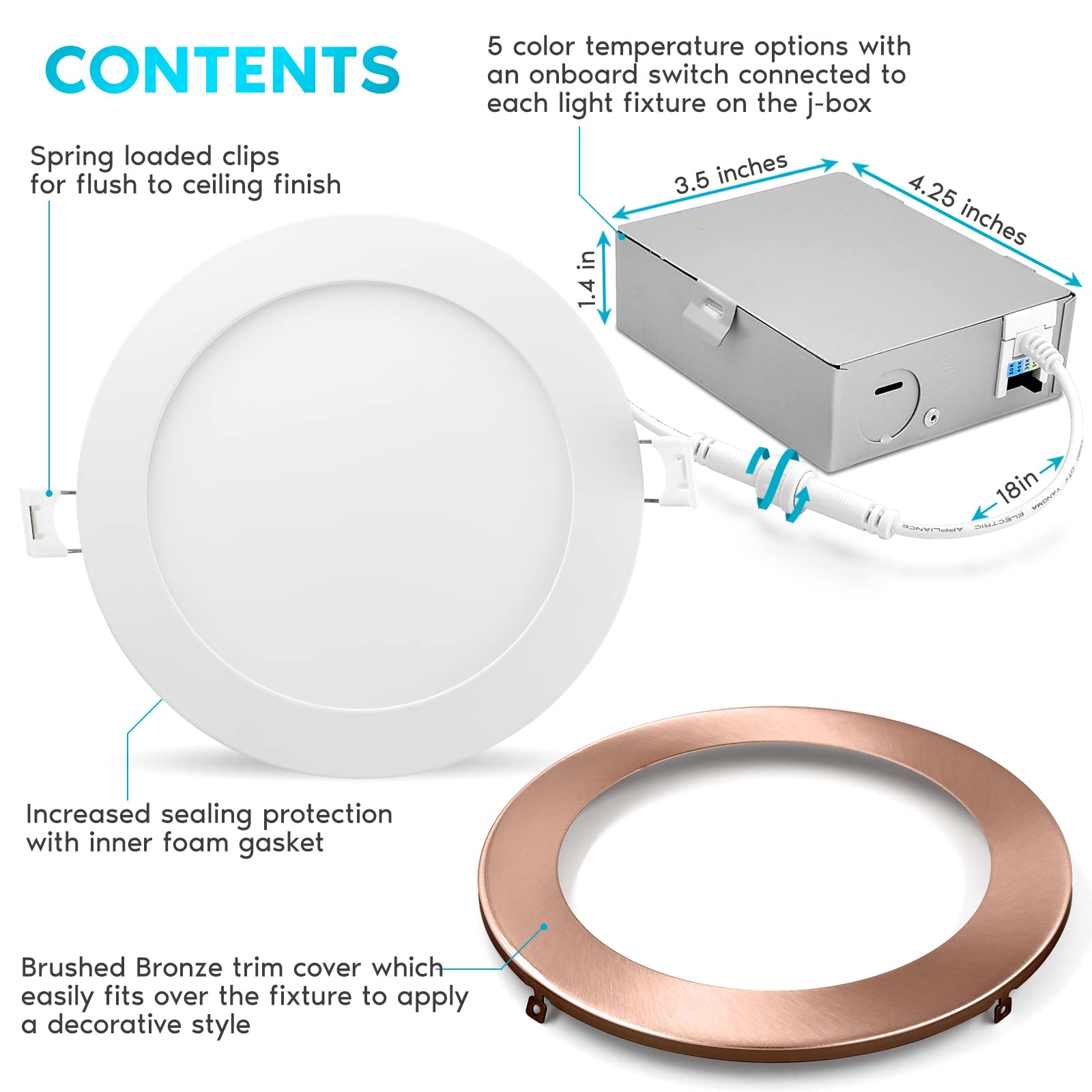 Luxrite 6 Inch Ultra Thin Led Recessed Light With J-Box, 12W, 5 Color Options 2700K | 3000K | 3500K | 4000K | 5000K, Dimmable Wafer Light, 1000 Lumens, Copper Trim, Energy Star, Ic Rated