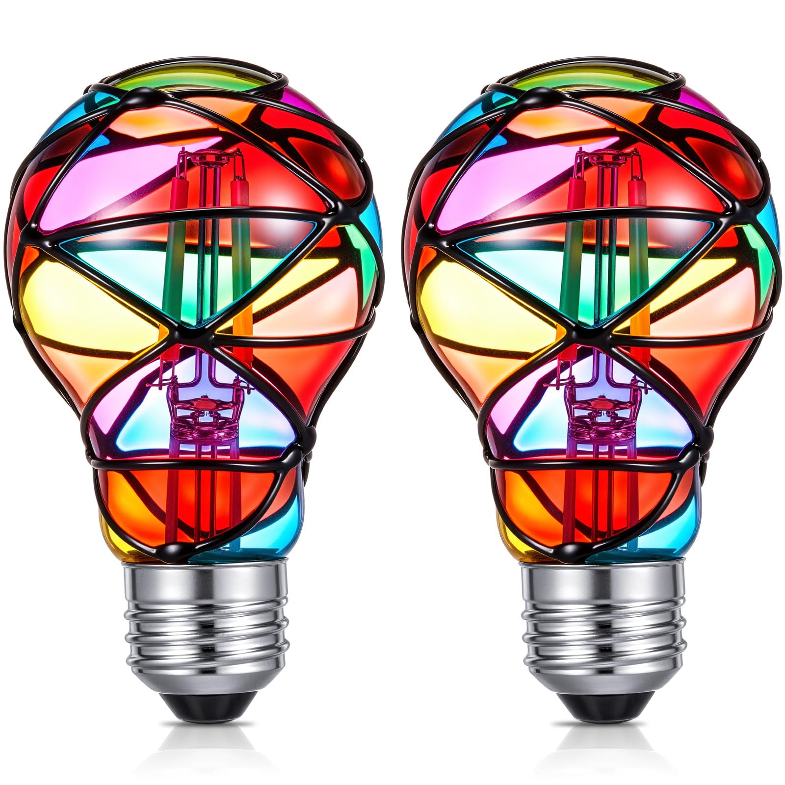 Baquler 2 Pcs LED Stained Glass Bulb A19/A60 3.5w E26 Base Colorful Light Bulb 120v for Christmas Xmas Indoor Home Balcony Garde