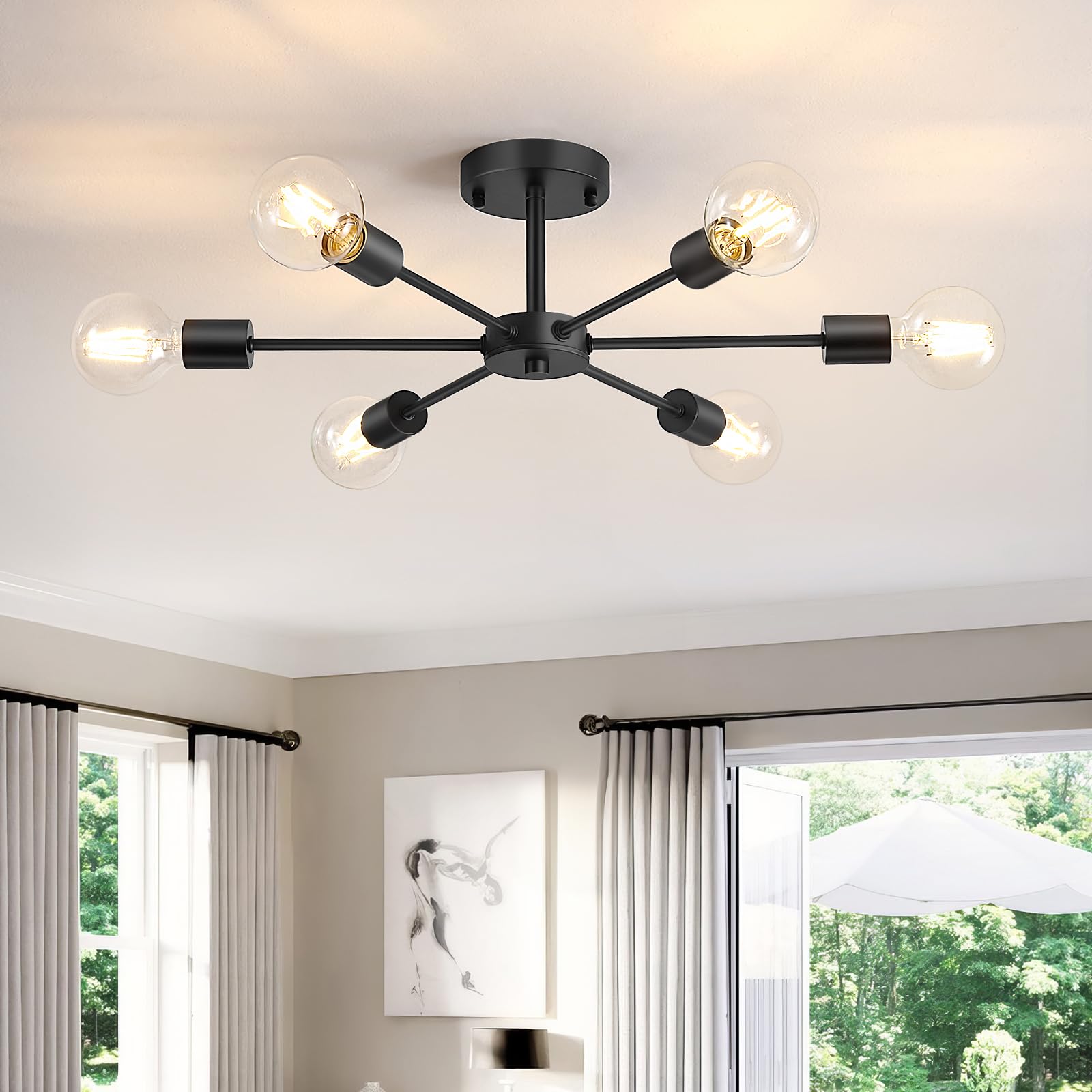 Lomoky 6-Light Semi Flush Mount Ceiling Light, Matte Black Sputnik Fixture For Home Décor