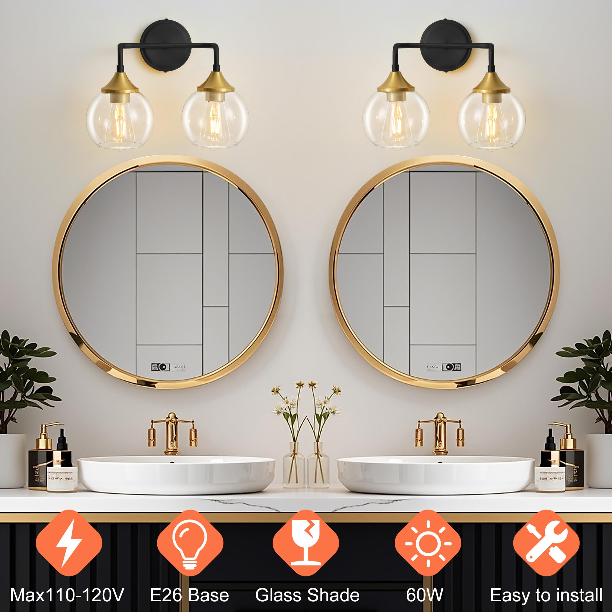 Gednbo 2-Light Bathroom Vanity Light, Black and Gold, Metal, Clear Glass Shade, Model G1796, E26 Base, 14 Inch