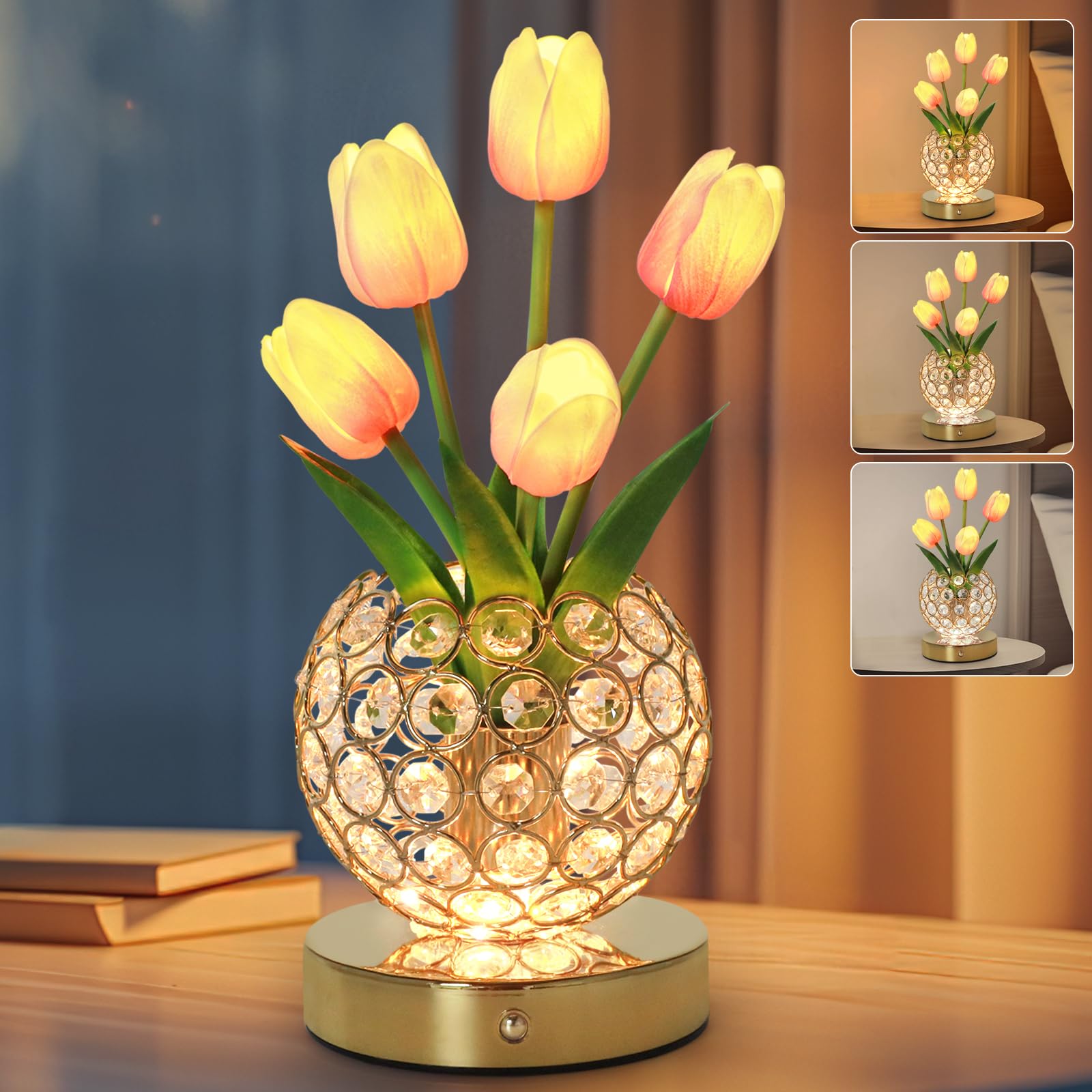 Tulip Table Lamp, Rechargeable Cordless Crystal Night Light, 3 Colors Touch Stepless Dimming Artificial Flower Light, LED Flower