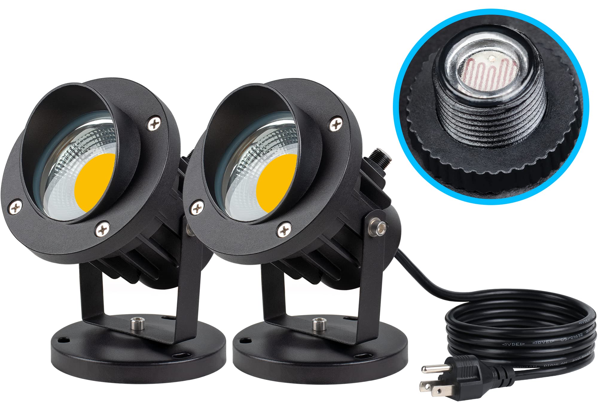 SUNVIE 20W LED Landscape Spotlights, Waterproof, Dusk to Dawn, 3000K Warm White, 2 Pack, Aluminum, 6 FT Cord