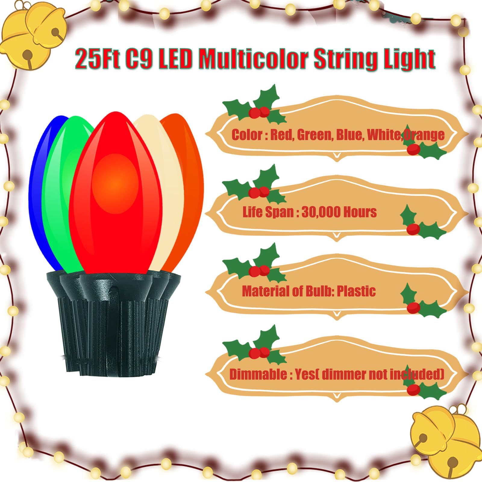 Lnguistic Vintage C9 LED Christmas Lights, 25ft Multicolor String Lights, 26 Bulbs, Indoor/Outdoor Holiday Decoration