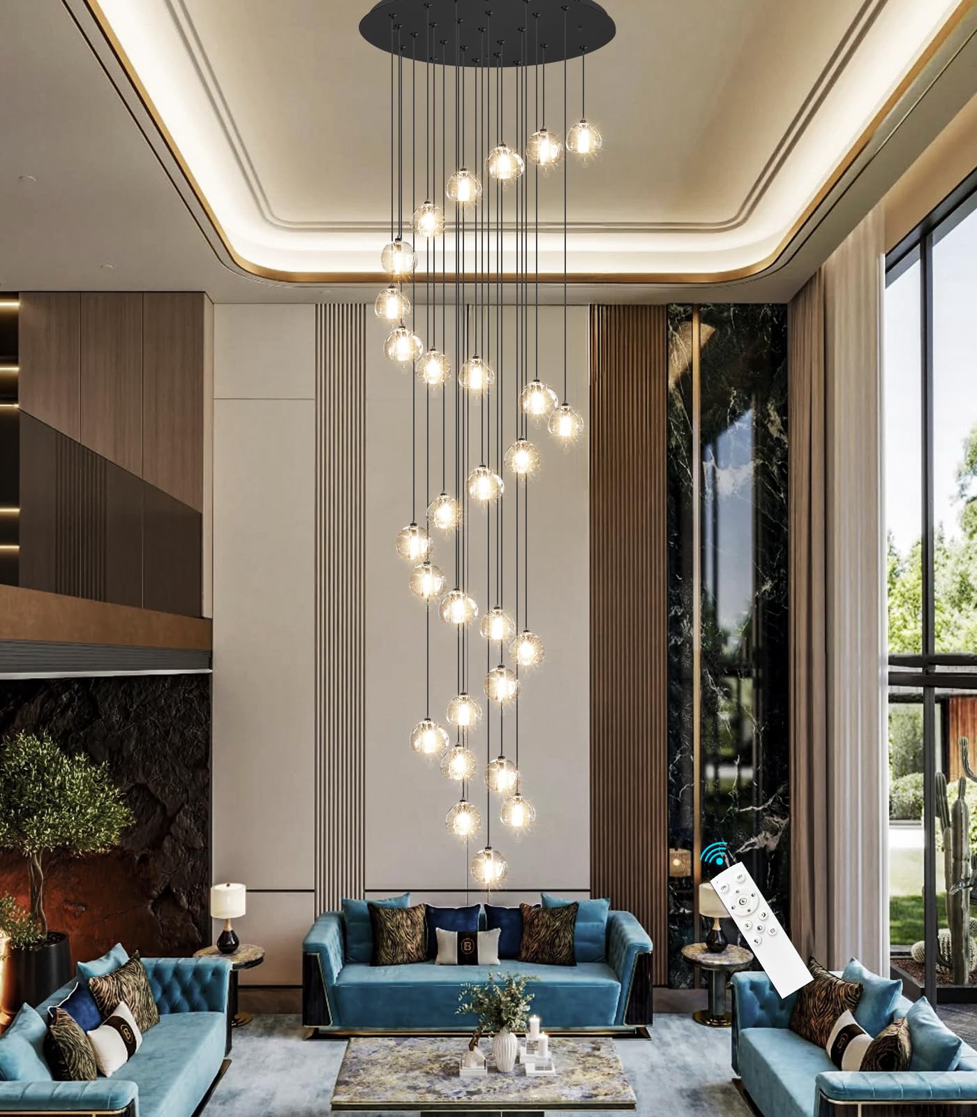 HAIXIANG 13ft Modern LED Chandeliers for Entryway Living Room Long Light High Ceiling Dining Room Light Dimmable Pendant Lightin