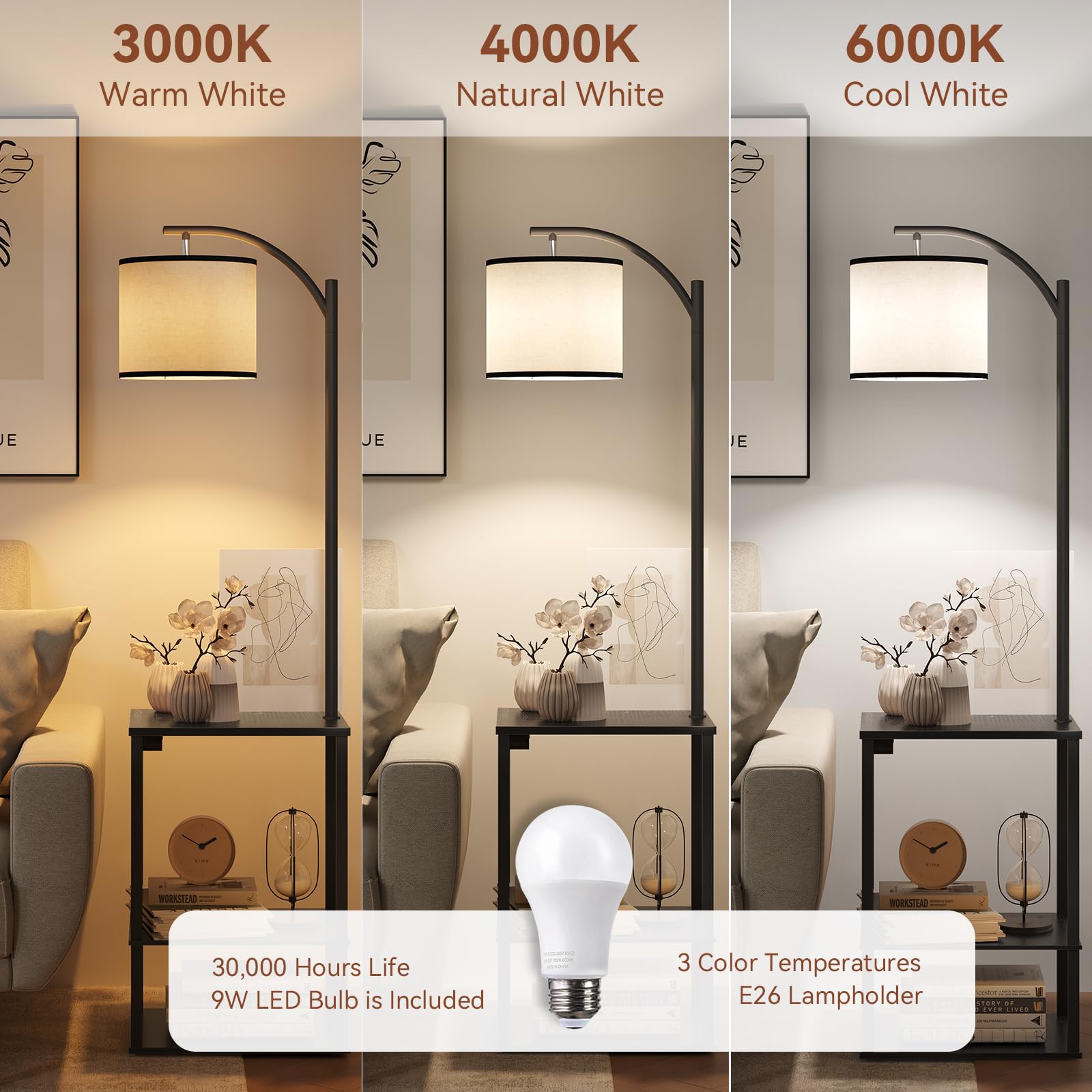 SUNMORY Floor Lamp with Table, 3 Color Temperature LED, Black, 15.75x11.81x59.06 inches, Model PFL-012A, Charging Station, Modern