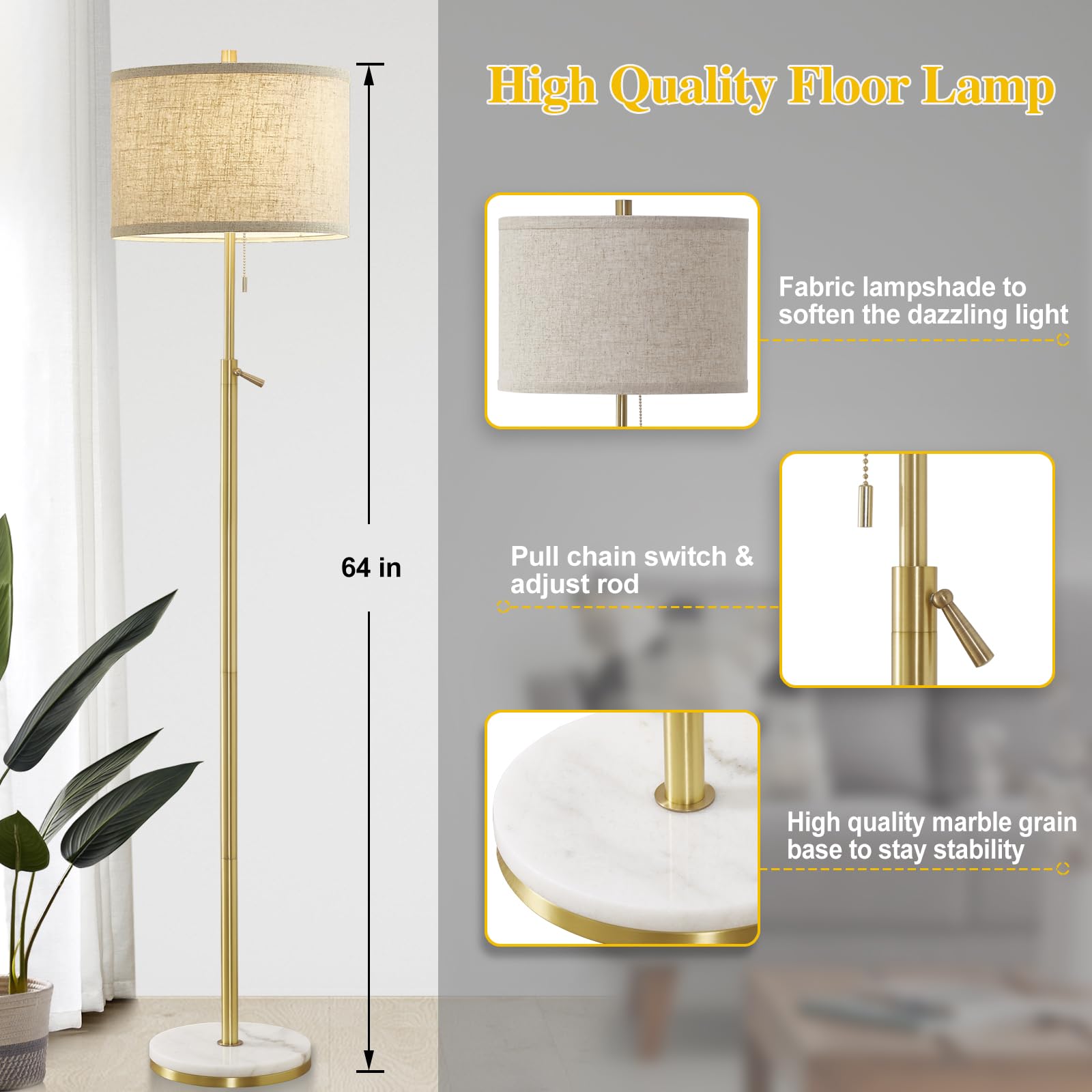 GyroVu Marble Floor Lamp, Adjustable Height, Gold, Stone Base, Pull Chain Switch, Tall Lamp for Living Room, Bedroom, Office