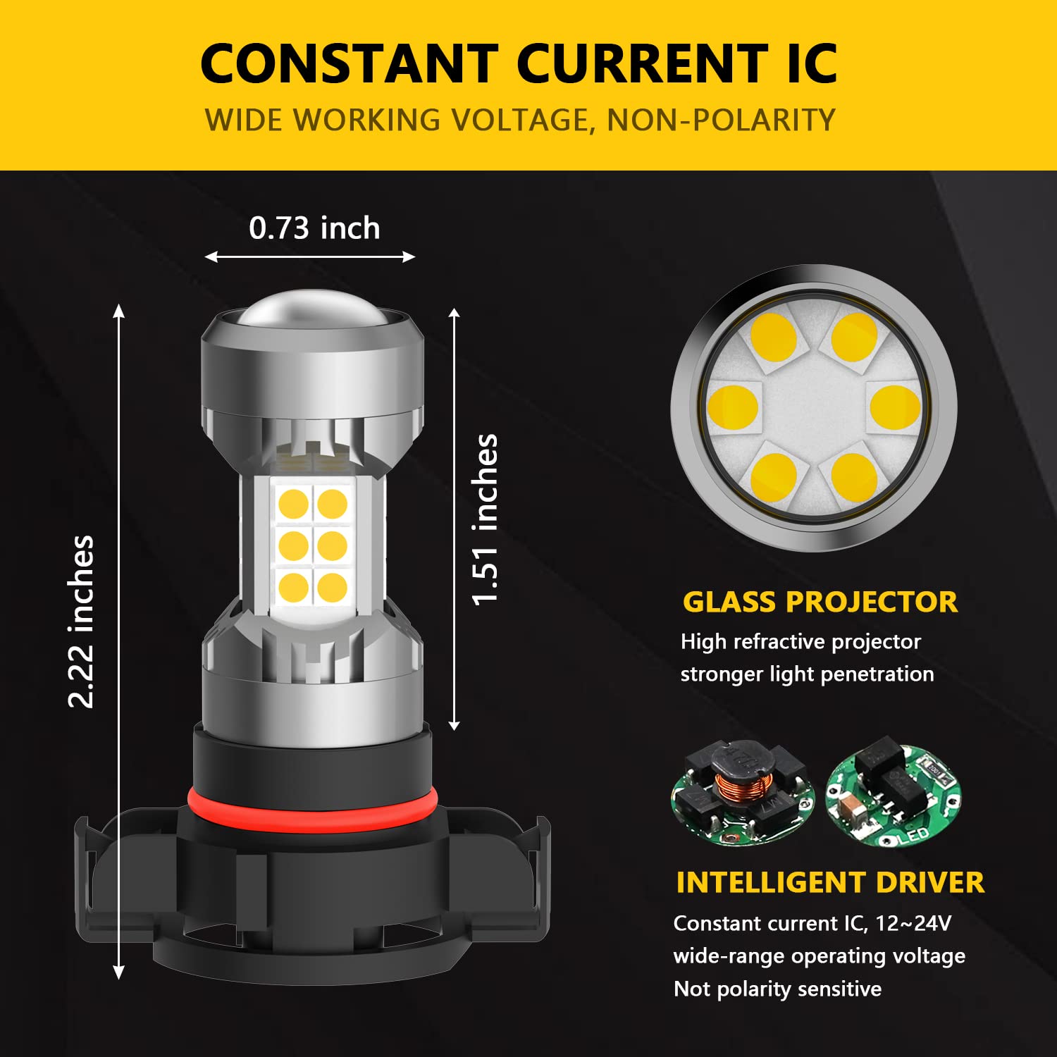 PHINLION PSX24W LED Fog Light Bulbs, 3200 Lumens, 3000K Golden Yellow, Aluminum, DRL Replacement for Cars, Trucks, SUVs