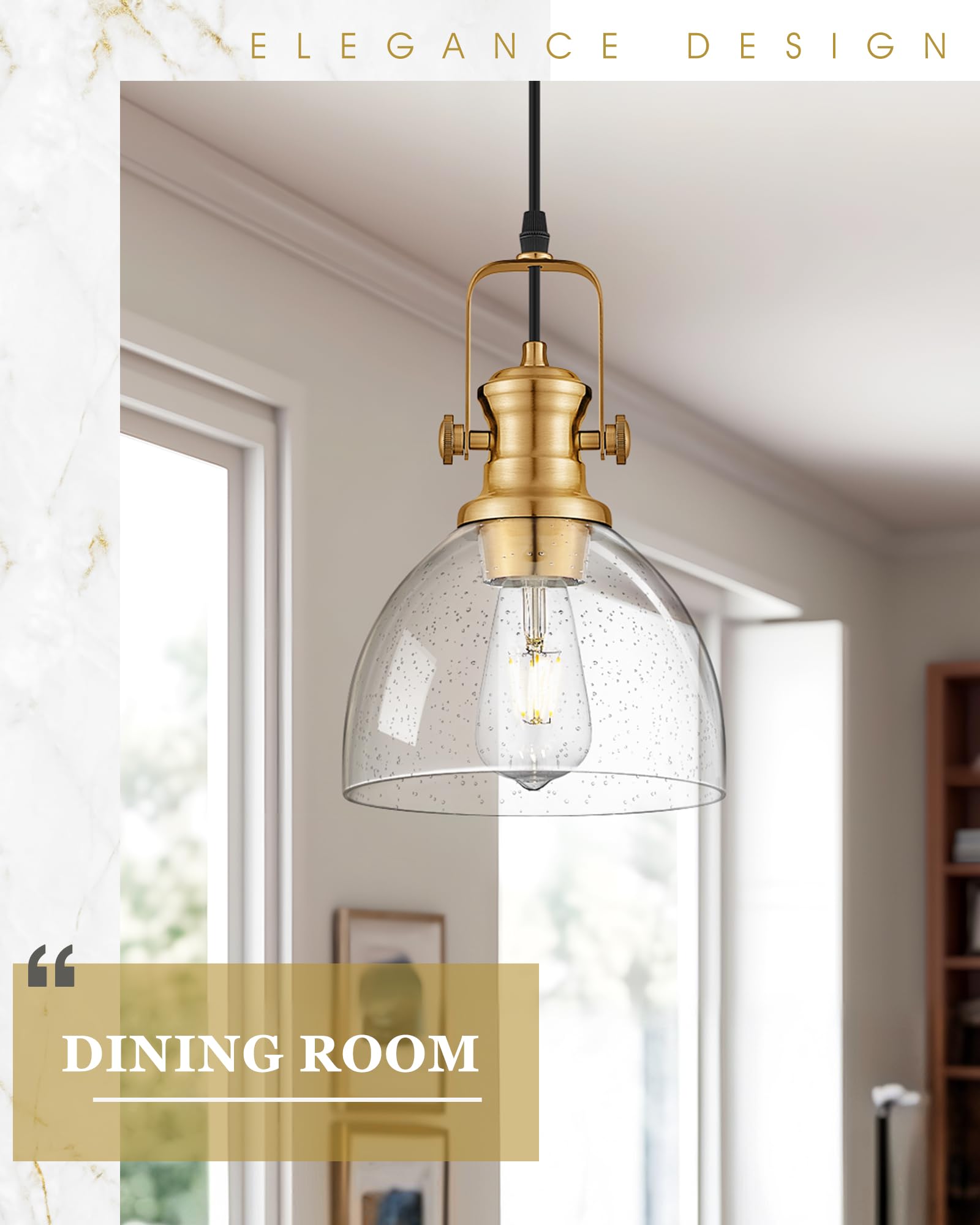 Audickic 7.5" Farmhouse Pendant Light, Vintage Seeded Glass Shade, Brushed Gold, Model AD-22151-1P-GD