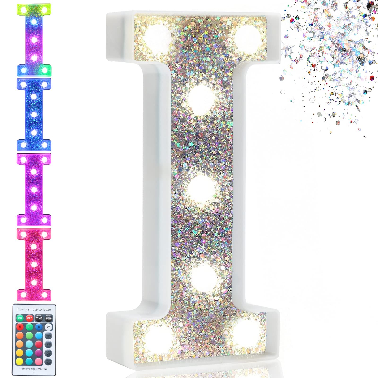 Pooqla LED Marquee Letter Light, Colorful Battery Operated Sign, Model S-RGB Silver, 16 Colors, Letter I for Party & Bedroom Decor