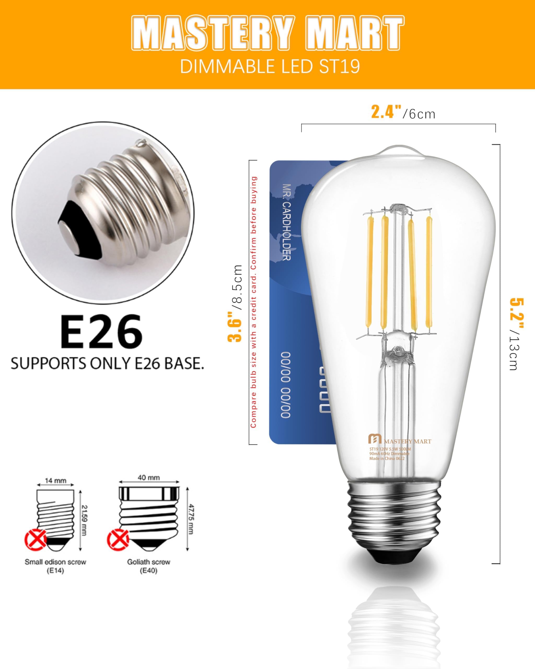 MASTERY MART Vintage Edison Bulbs, E26 LED Dimmable 5.5W, 16 Pack, 2700K Soft White, Clear Glass, Model MM-ST19