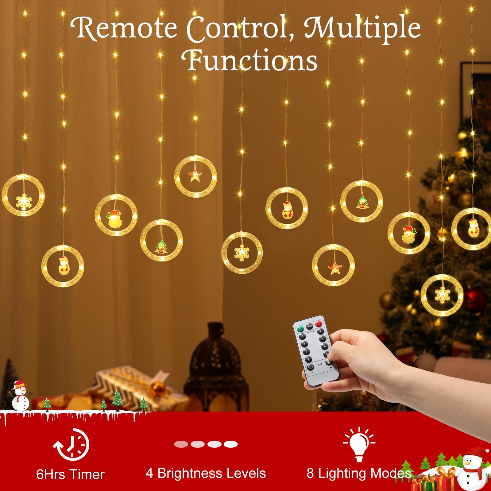 Lewondr 138 Led Christmas Curtain Lights, Santa Christmas Tree Star Heart Hanging Home Lights With 6H Timer & 8 Modes, Remote & Usb Powered Fairy Lights, Xmas Decor For Home Party Indoor, Warm Light