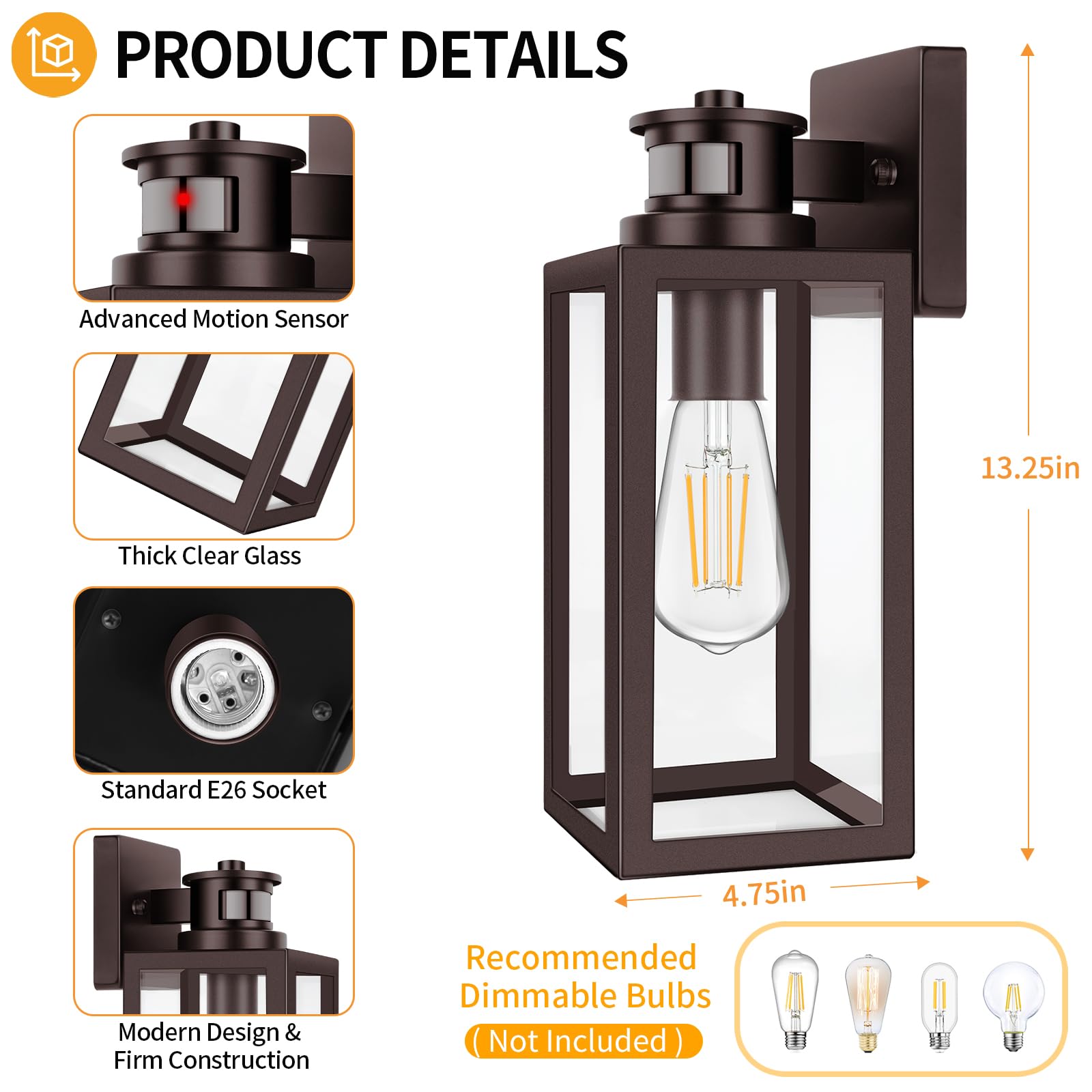 Tobusa 2-Pack Motion Sensor Outdoor Wall Lights, Waterproof Dusk To Dawn Exterior Wall Light Fixtures, Modern Brown Outside Porc