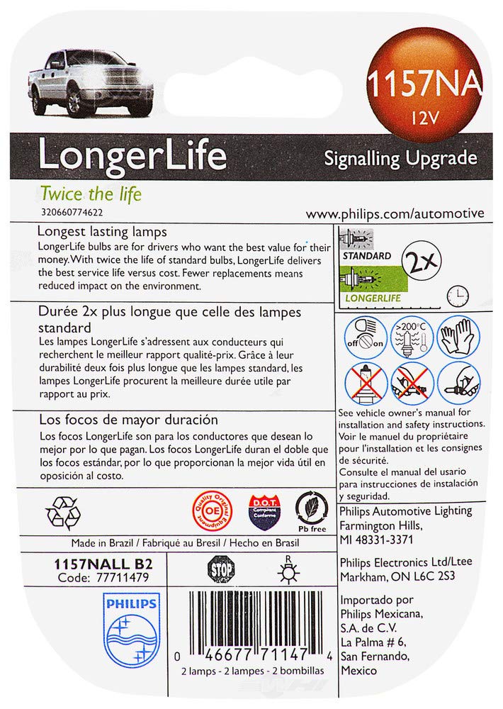 Philips Automotive Lighting 1157NALLB2 LongerLife Miniature Bulb, 2 Pack