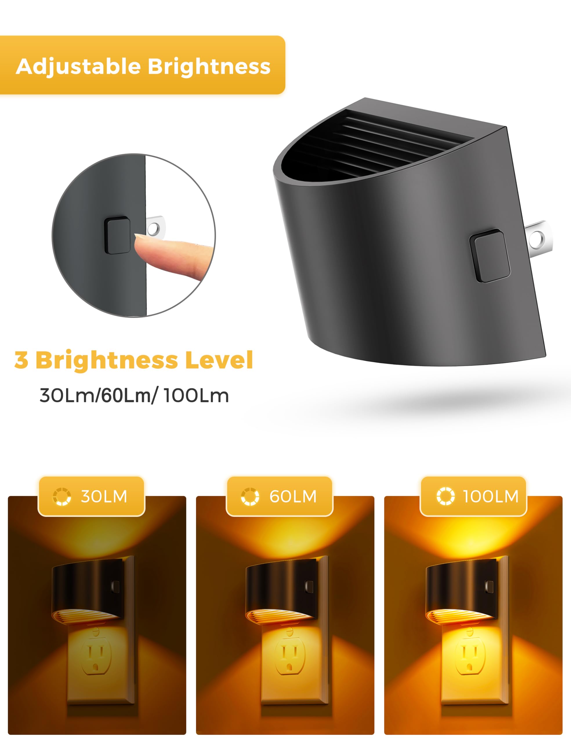 L LOHAS LED Night Light 2 Pack - Dusk to Dawn Sensor, 3 Level Brightness, Amber Light, Model GY10707US-2