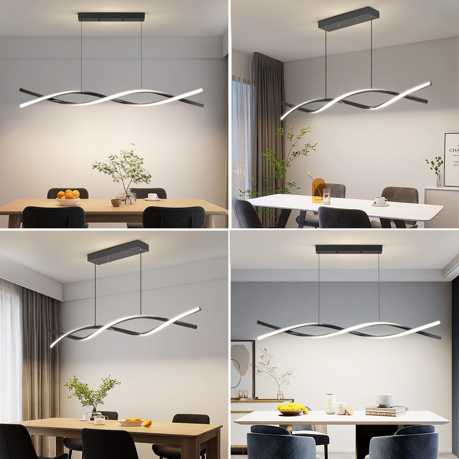 Mikeru Modern LED Pendant Light, 57in Aluminum Chandelier with Remote, 3000K-6500K Adjustable Color, C-Black, Model BL57