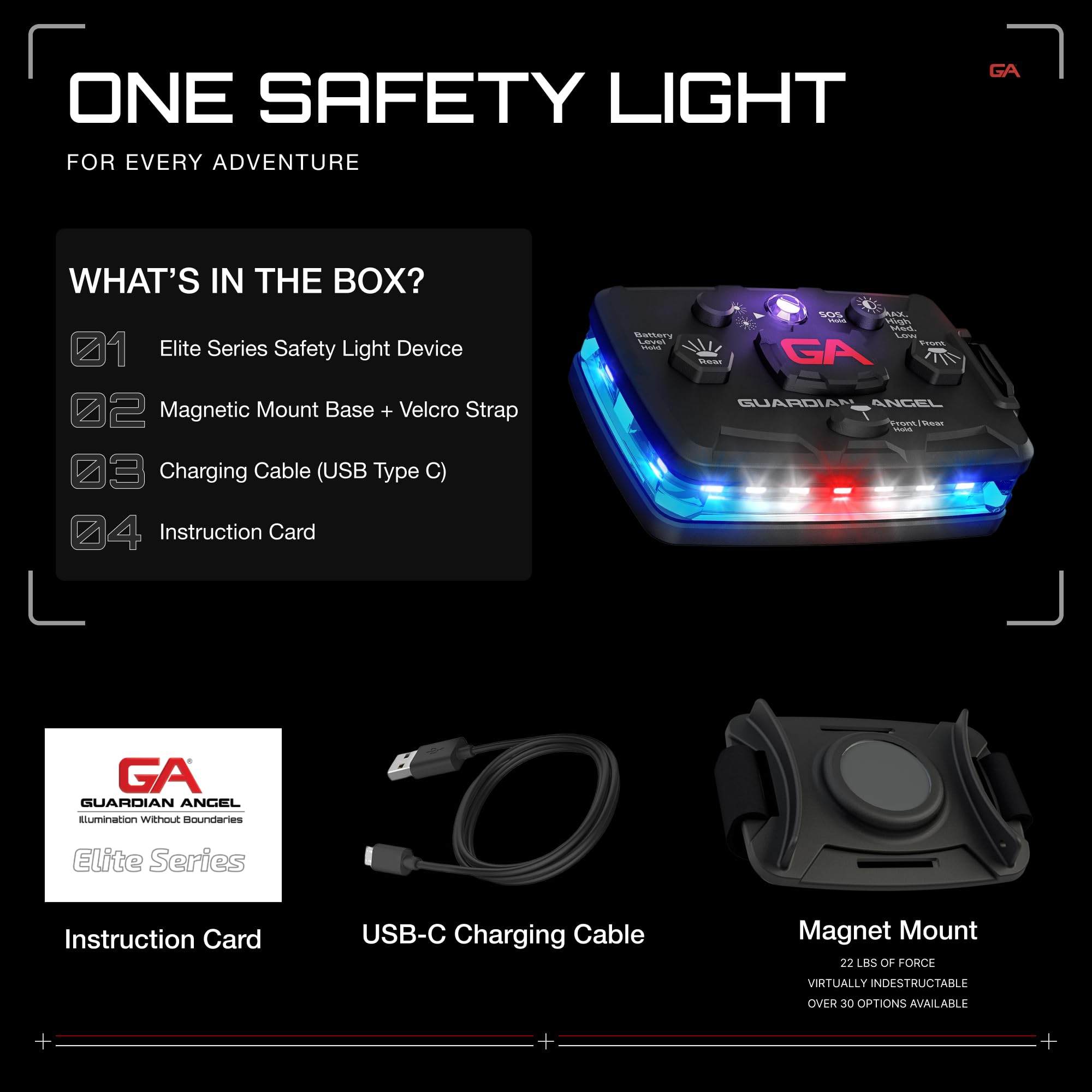 Guardian Angel Elite Series Infrared-Hybrid Safety Light - Rechargeable, Magnetic, Hands-Free, White/Blue Front & Blue Rear - Model 10