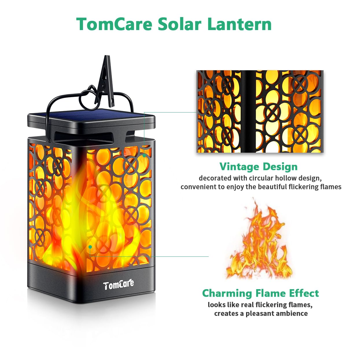TomCare Solar Lanterns - Upgraded Flickering Flame, Waterproof, 2 Pack, Black, LED Outdoor Lighting for Patio and Yard
