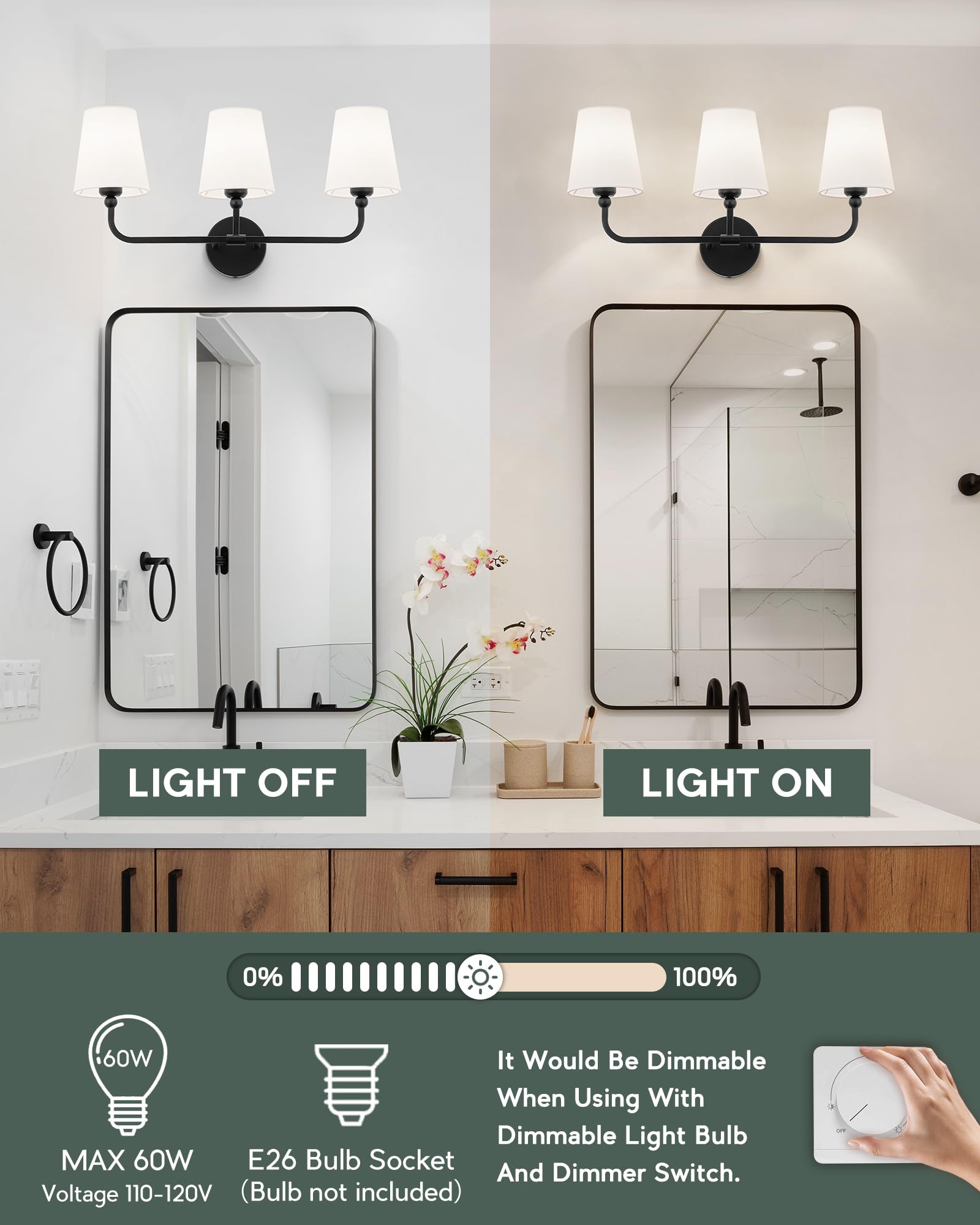 METWET 3-Light Bathroom Vanity Light Fixture, Matte Black Metal with White Fabric Shade, Model VL837-MB-3, Modern Wall Sconce for Hallway Bedroom