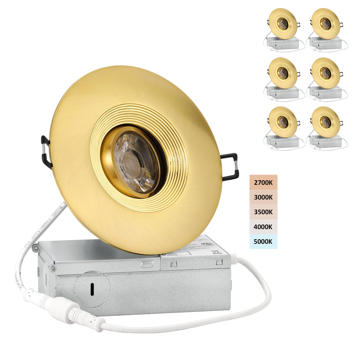 POPANU Enhanced 4-inch LED Recessed Lights - 5 CCT 4 Inch Eyeball Ceilling Gimbal Potlight  Dimmable Recessed Lights Fixture with Junction Box  8W CCT Adjustable  Shiny Gold  with Baffle  6P