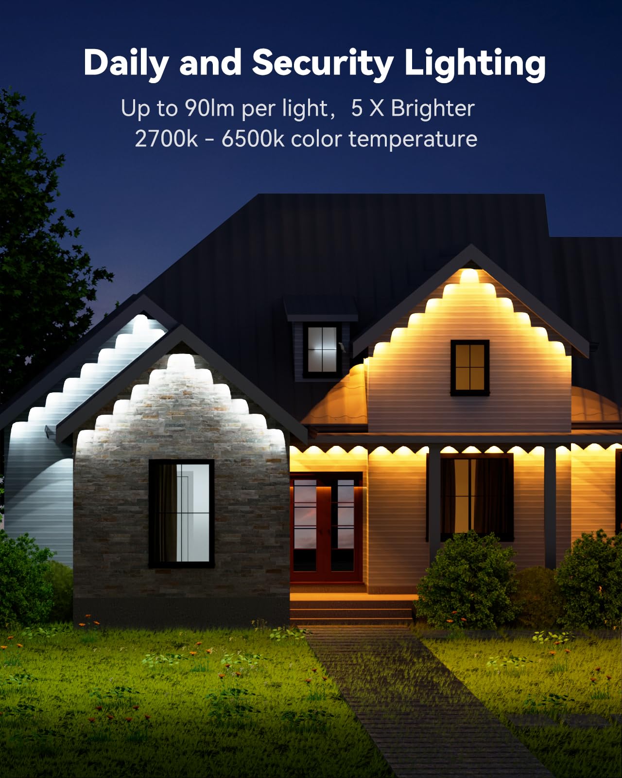 ASAHOM Permanent Outdoor Lights Pro, 100ft with 72 RGBCW LED Smart Eave Lights, 90lm White, IP67 Waterproof, 100 Scenes Modes fo