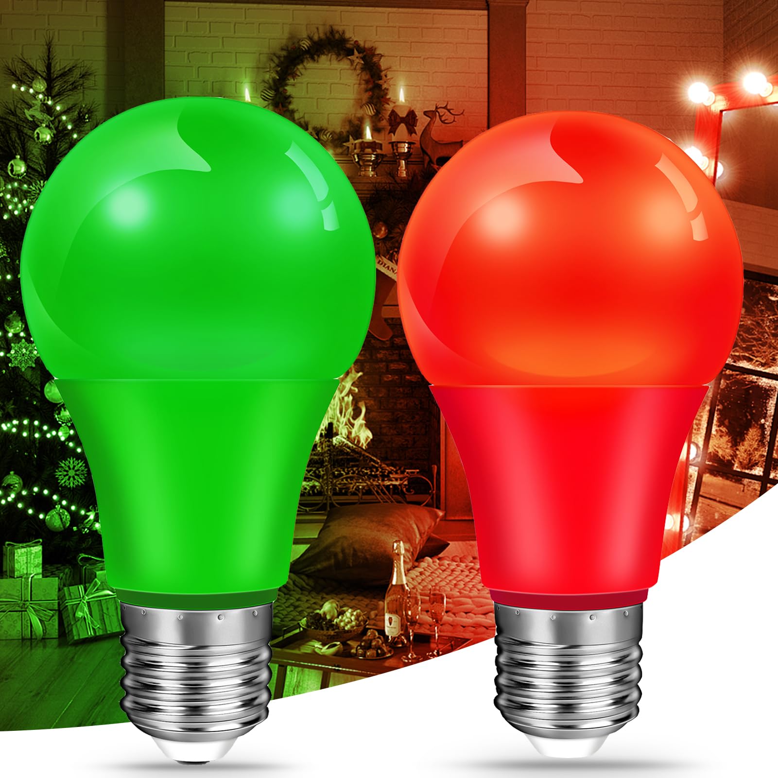 Red Green Light Bulb Christmas Light Bulbs, 9W (60W Equivalent) LED Colored Light Bulb E26 Base for Christmas Halloween Home Holiday Lighting Party Wedding Bar Mood Decor, (1 Red+1 Green)