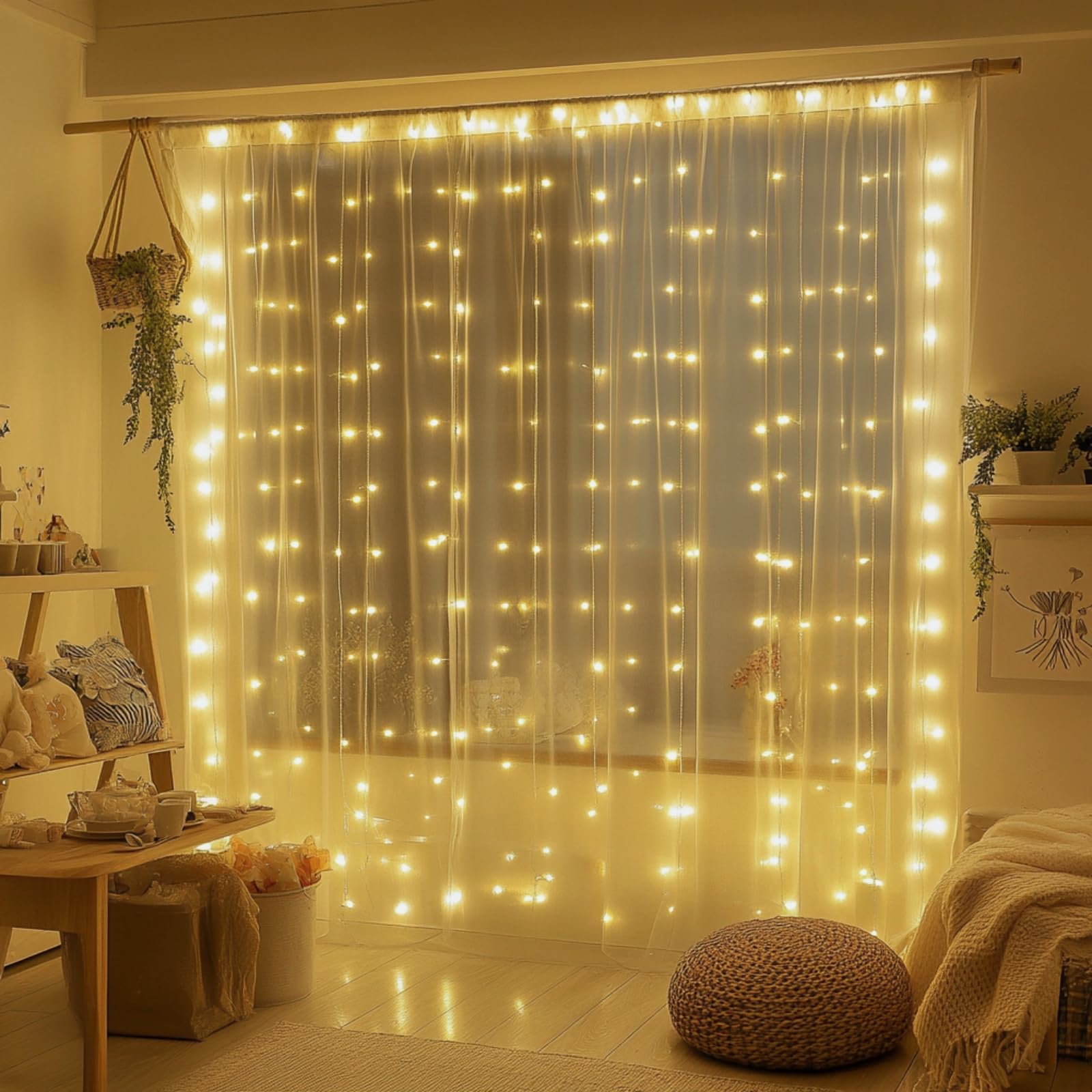 Patioman Fairy Curtain Lights, 200 LED, Warm White, 6.6 x 6.6 Ft, Tangle-Free, USB Plug-In, Model PMFL01