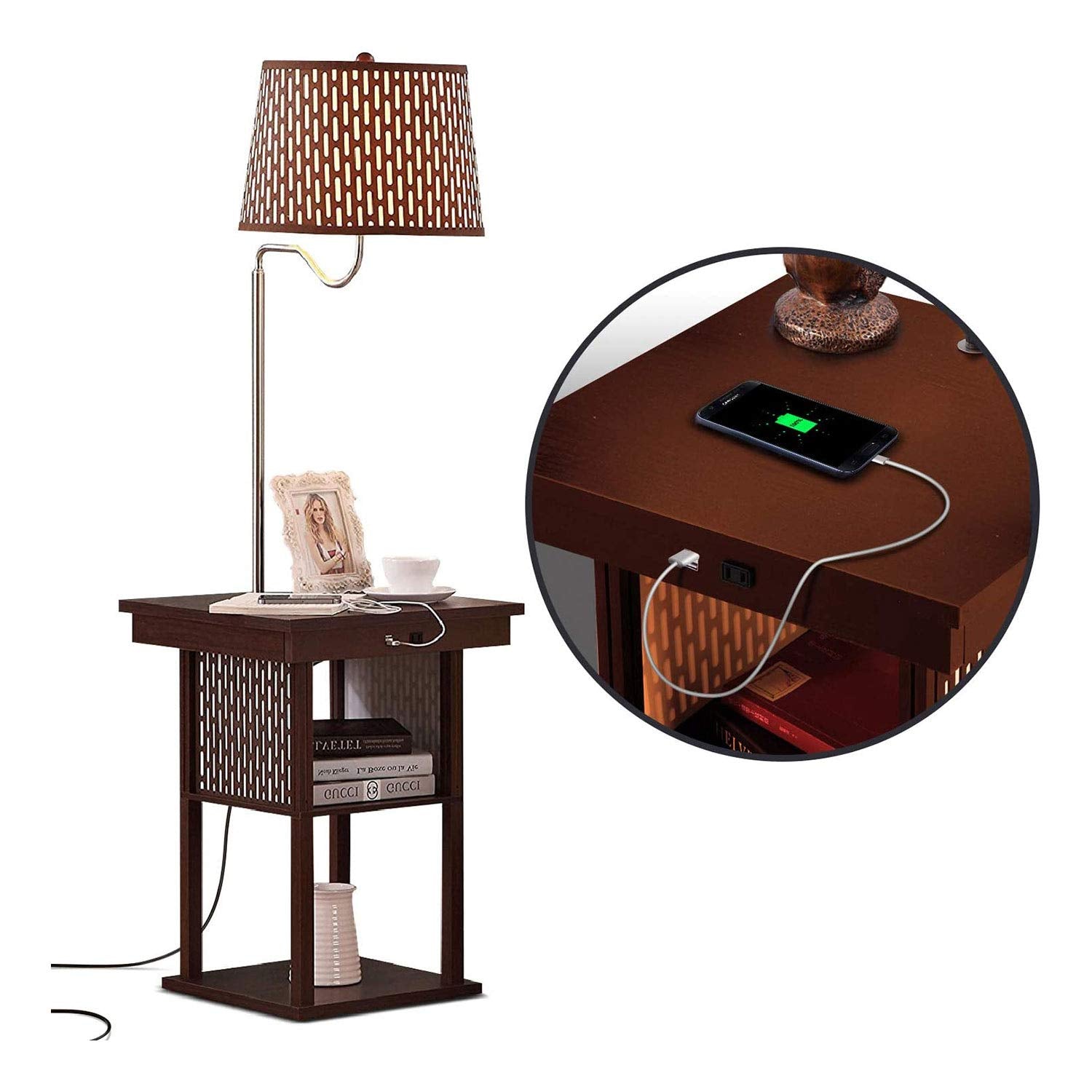 Brightech Madison Side Table With Lamp Combo With Led Bulb, Desk Lamp With Usb Port, Bedside Reading Lamp, Modern End Table With Floor Lamp For Bedroom, Living Room, Office - Havana Brown