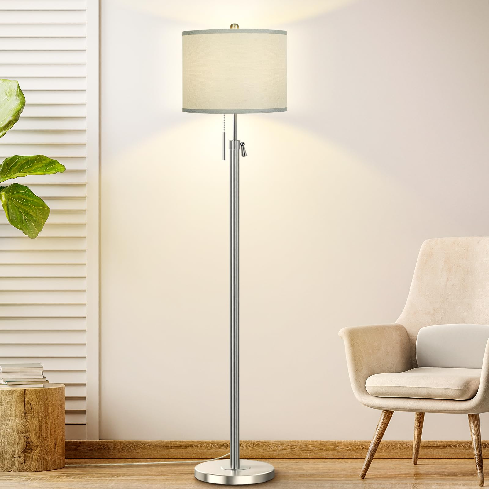 Brushed Nickel Floor Lamp for Living Room, Adjustable Height Standing Lamp with Metal Base, Tall Pole Light with Grey Shade for 