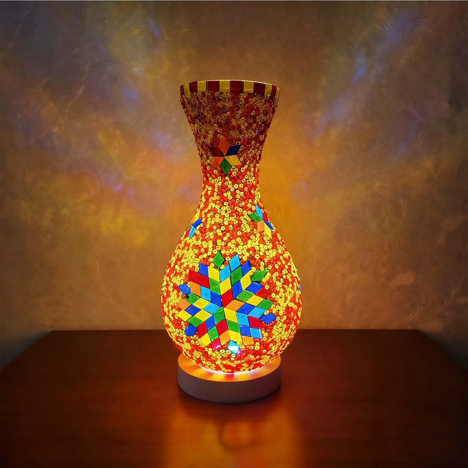 wpdash Mosaic Vase Lamp Turkish Moroccan Table Lamp Colorful Handmade Glass Vase with Wood Base Can be Arranged with Flowers Dec