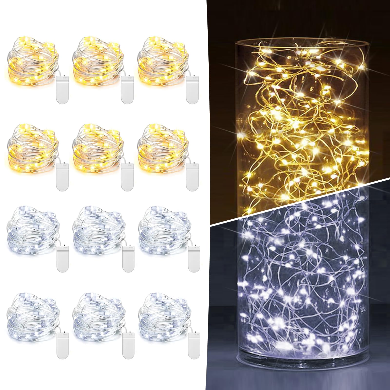 12 Pack Fairy Lights Battery Operated 7ft 20 LED Mini String Lights Twinkle Lights Silver Wire Firefly Starry Lights for Mason Jars Wedding Party Christmas Centerpiece Decor, Warm White & Cool Whtie