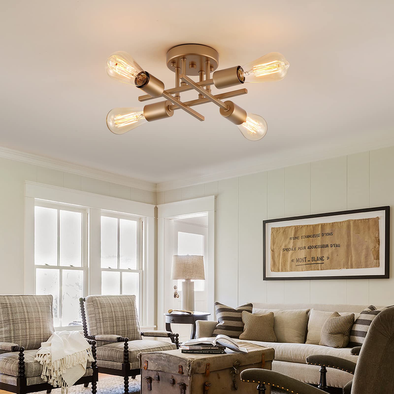 Aihying 4-Light Semi Flush Mount Ceiling Light, Gold Mid-Century Industrial Farmhouse Chandelier Light Fixtures For Hallway Entr