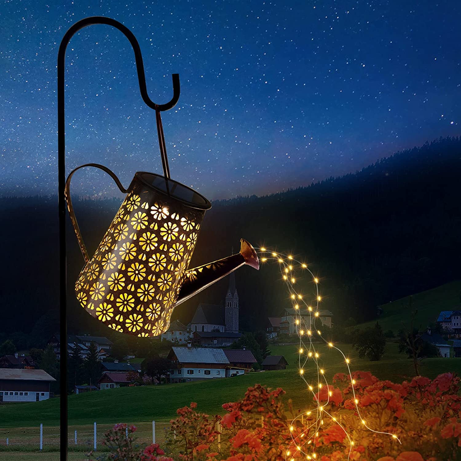 Outdoor Solar Watering Can With Lights Garden Decor Large Solar Powered Lanterns Hanging Waterproof Led Decorative Retro Metal Kettle String Lights For Table Yard Pathway Walkway Gardening Gifts