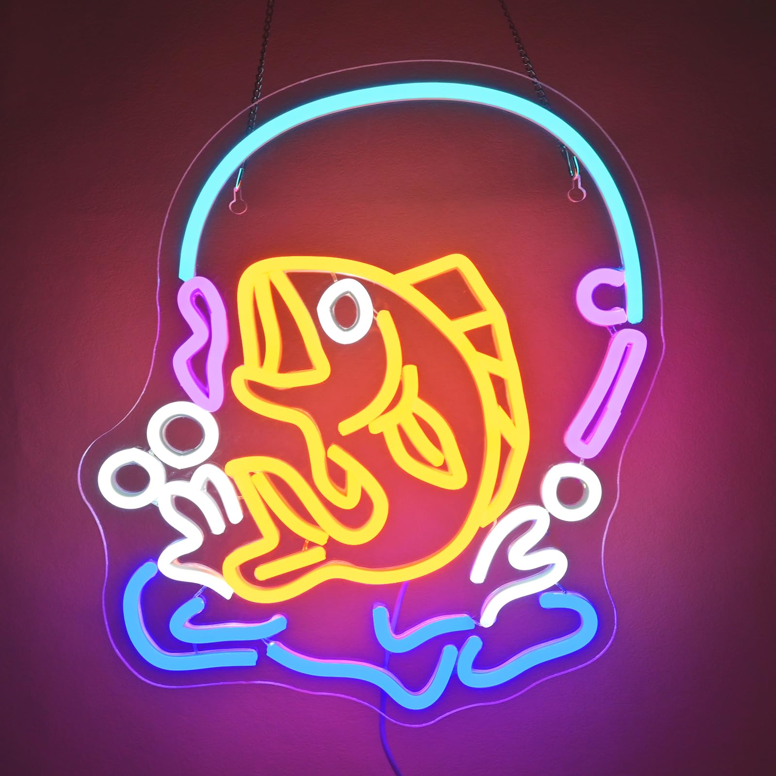 JURONGYILU Neon Fish LED Wall Sign, Acrylic, 14.1inx12.5in, Colorful-Go Fishing, Model HZ-WX-NL-6158, USB Powered