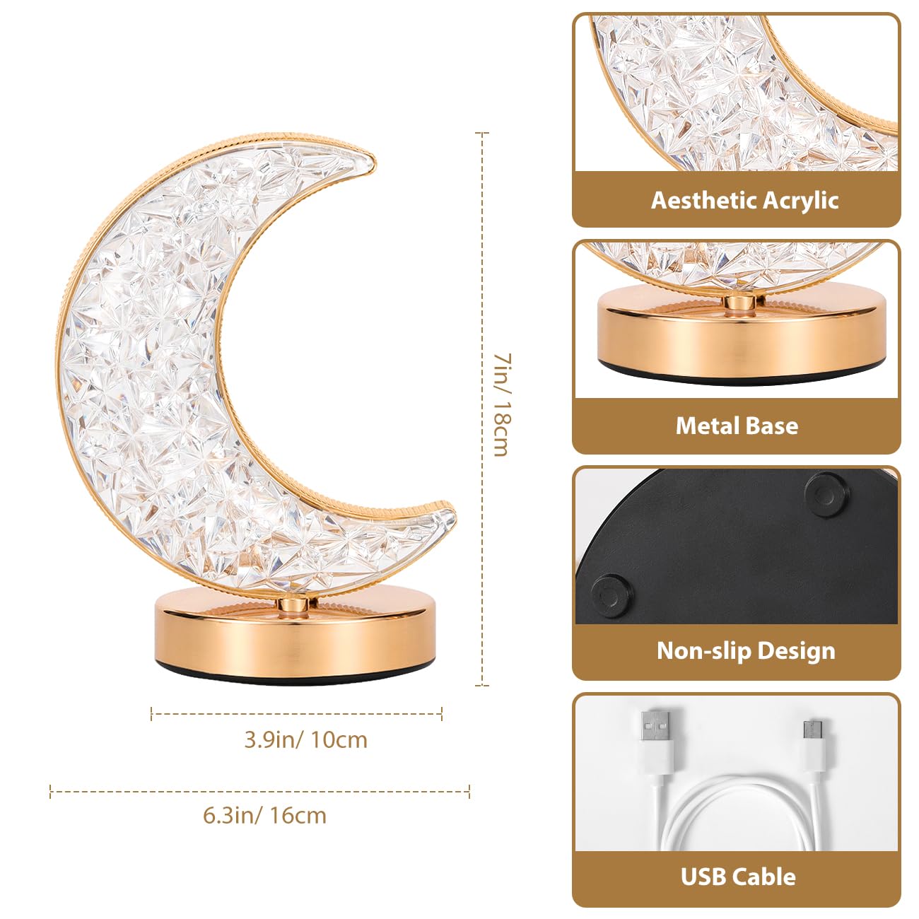 Lewondr Crescent Moon Table Lamp, Stepless Dimmable Touch Lamp With 3 Colors, Rechargeable Night Light With Usb Port, Ramadan Moon Light Bedside Lamp For Nightstand Desk Bedroom Living Room Home Decor